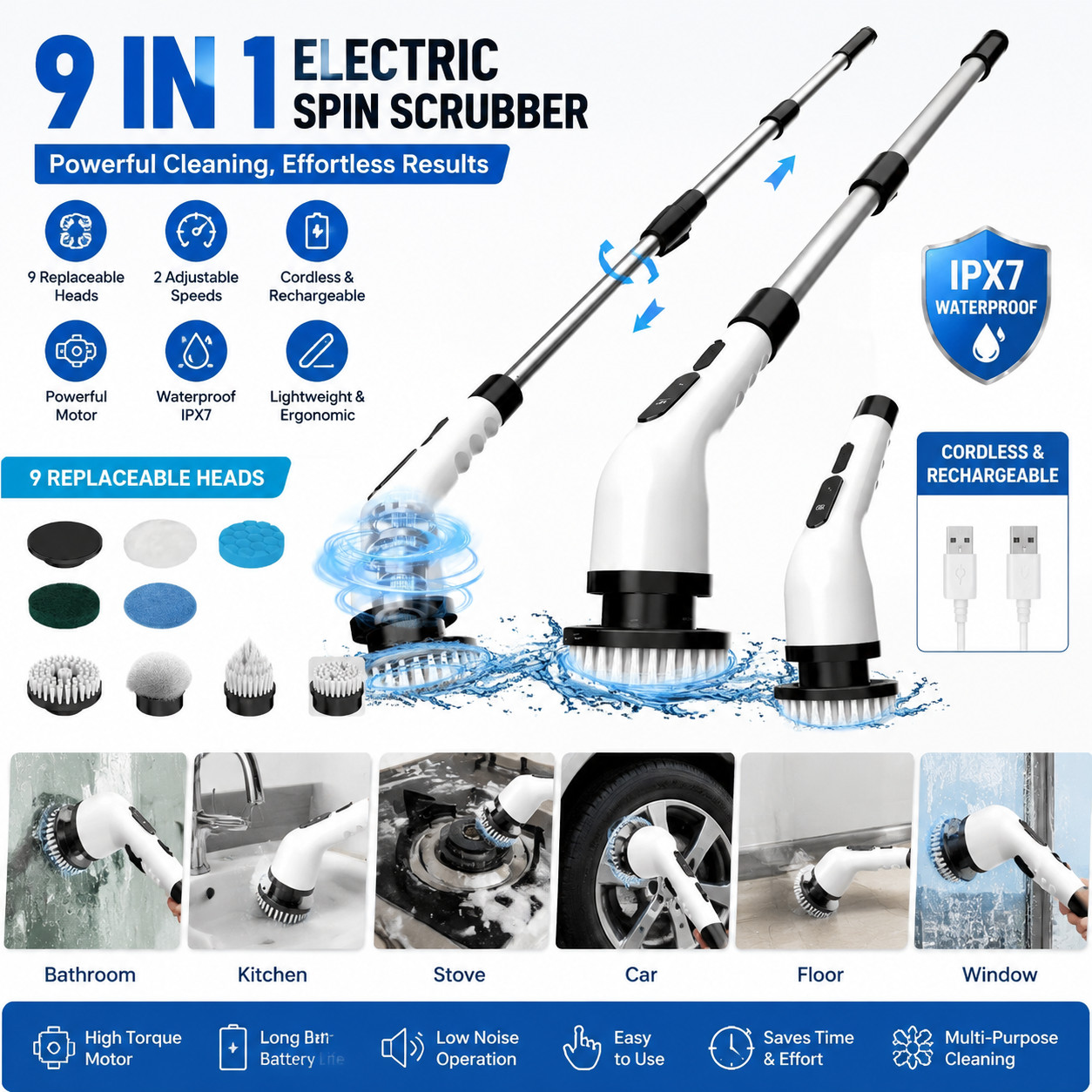 9-in-1 Electric Spin Scrubber Cordless Rechargeable Power Cleaning Brush Bathroo