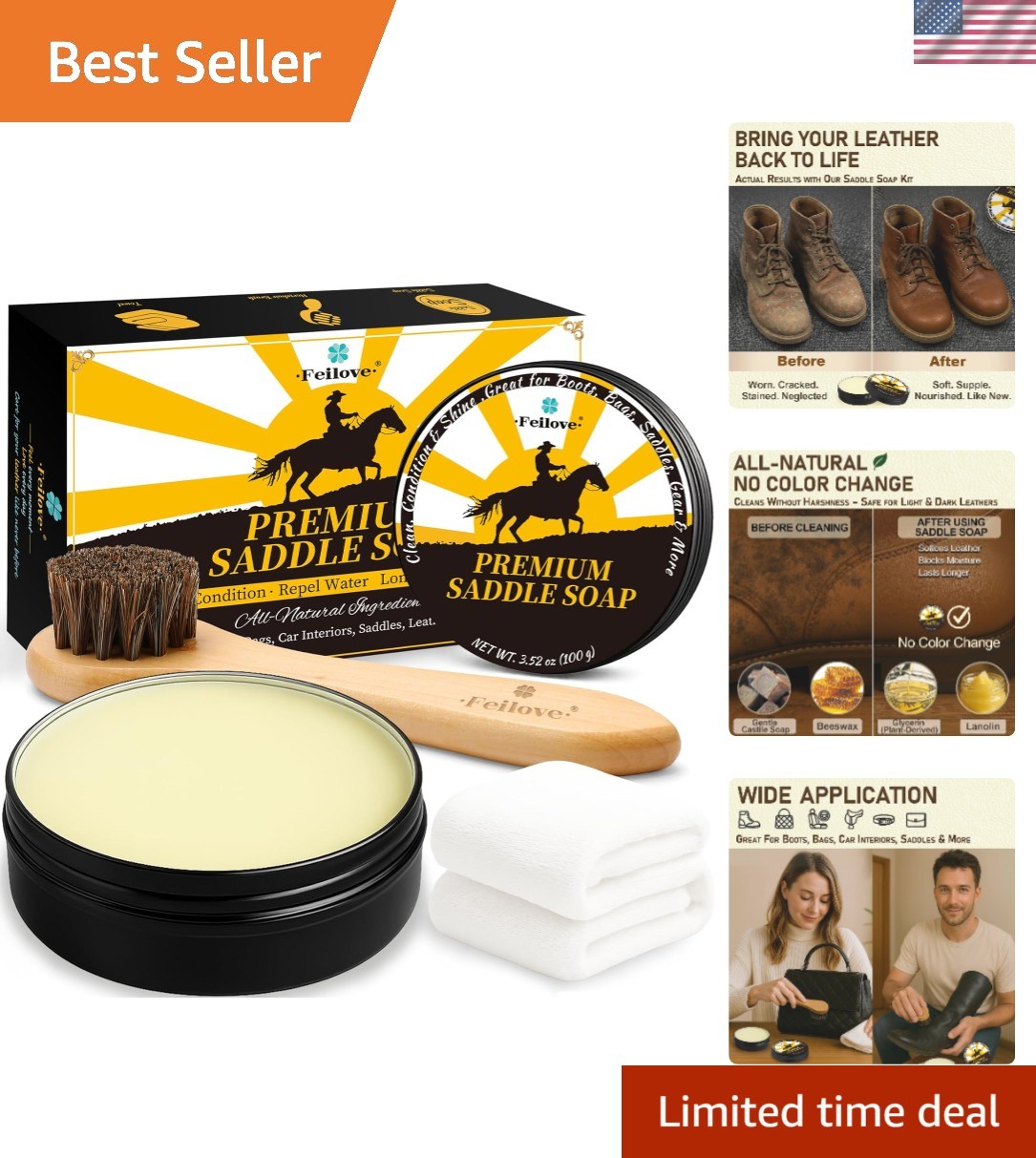 Essential Leather Care 3-in-1 Kit with Saddle Soap, Brush & Cloth – 3.52oz