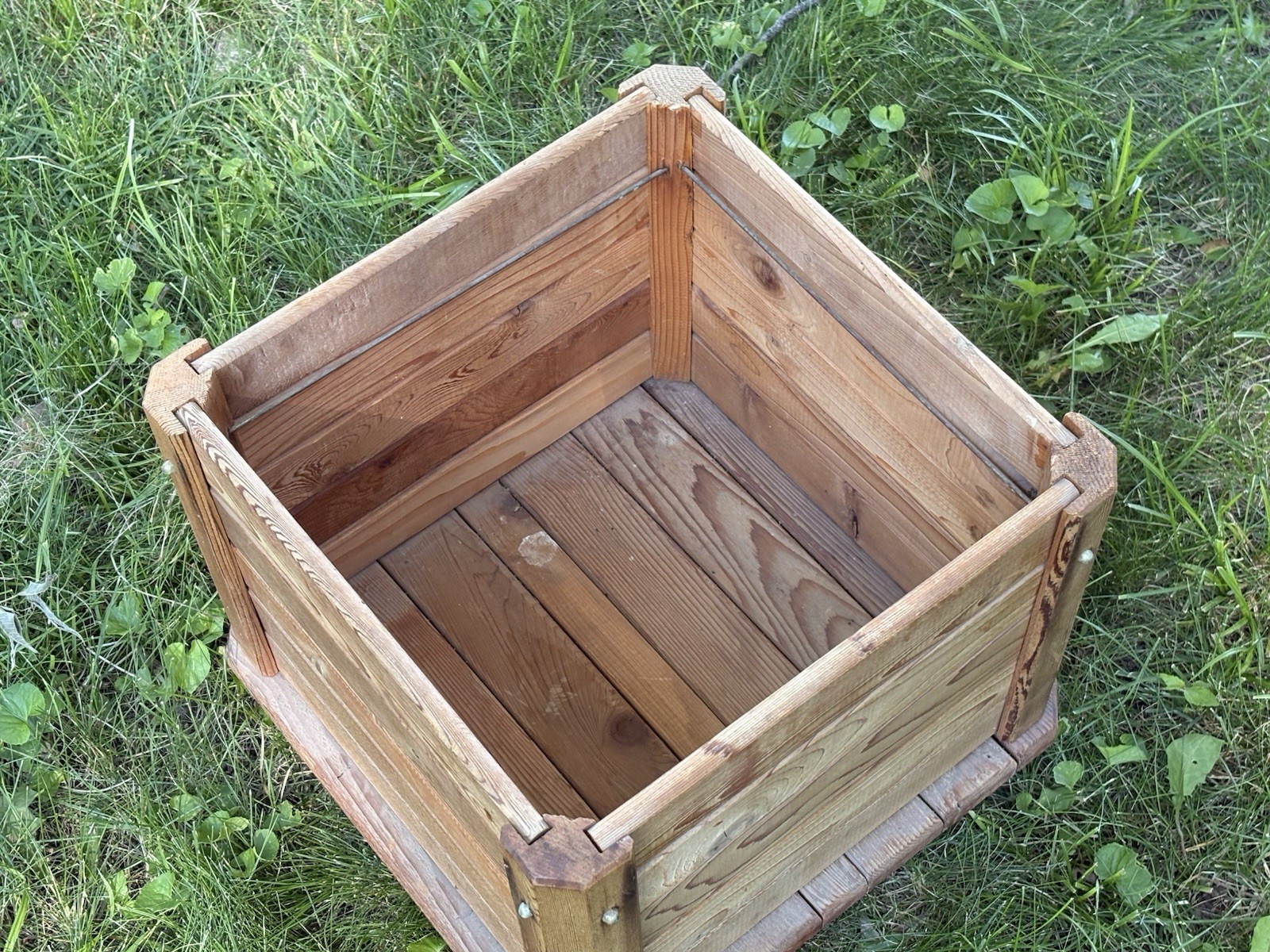 Rustic Slatted Pine Wood Storage Bin Planter Box Farmhouse 14×14 Inch Square Vtg