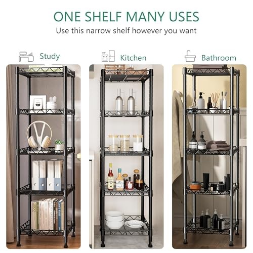 5 Tier Standing Shelving Metal Units, 11.8D x 11.8W x 50.0H (5Tier) Black
