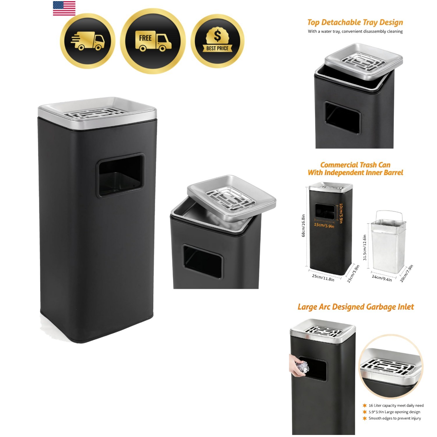 Commercial Outdoor Trash Can 4 Gallon Removable Inner Bucket Patio | Top Deta…