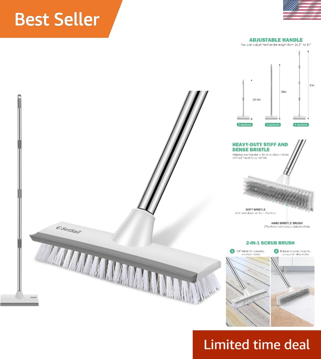 Floor Scrub Brush with 51-Inch Long Adjustable Handle 2 in 1 Scrape Brush Sti…