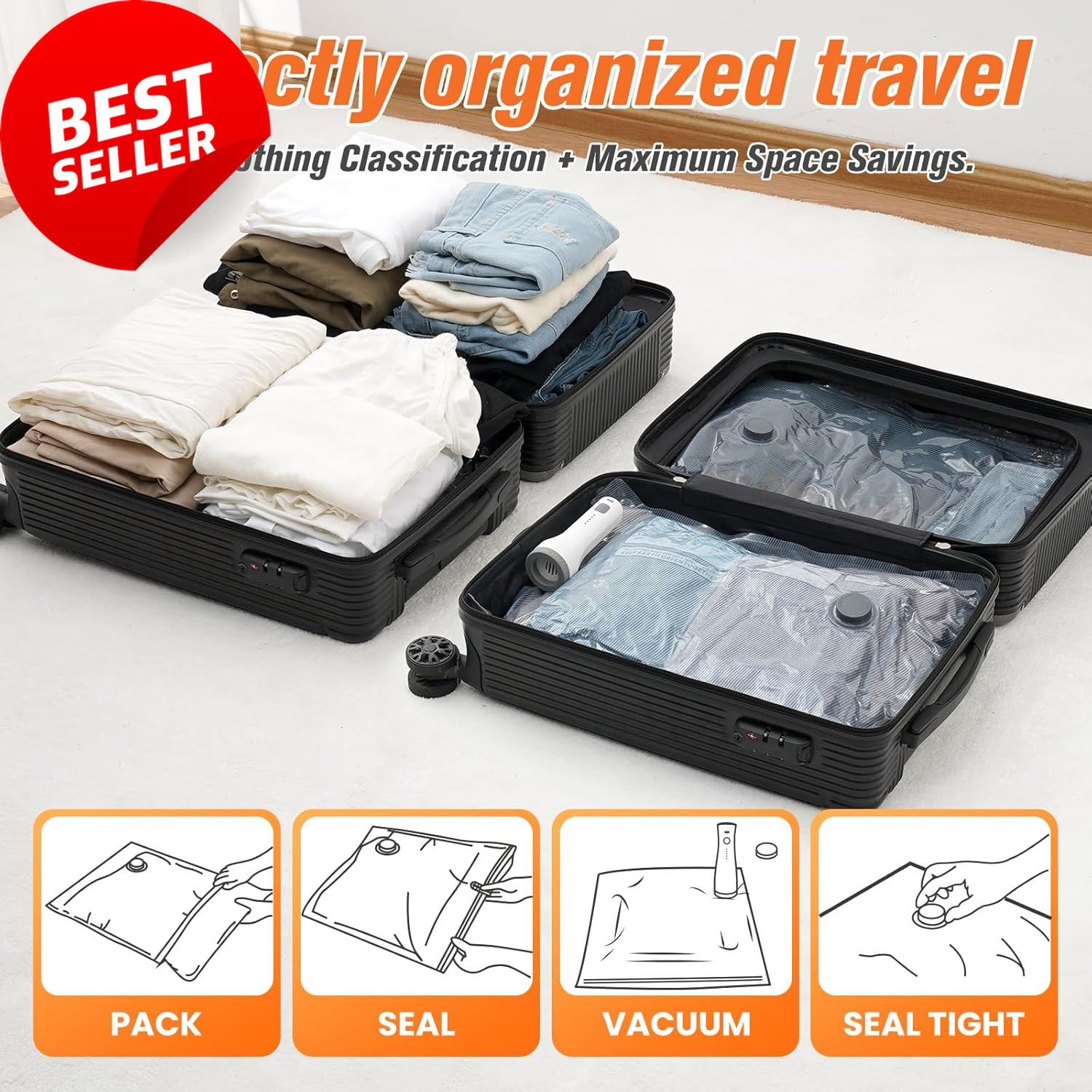 15 Pack Vacuum Storage Bags w Cordless Pump Travel Compression Bags