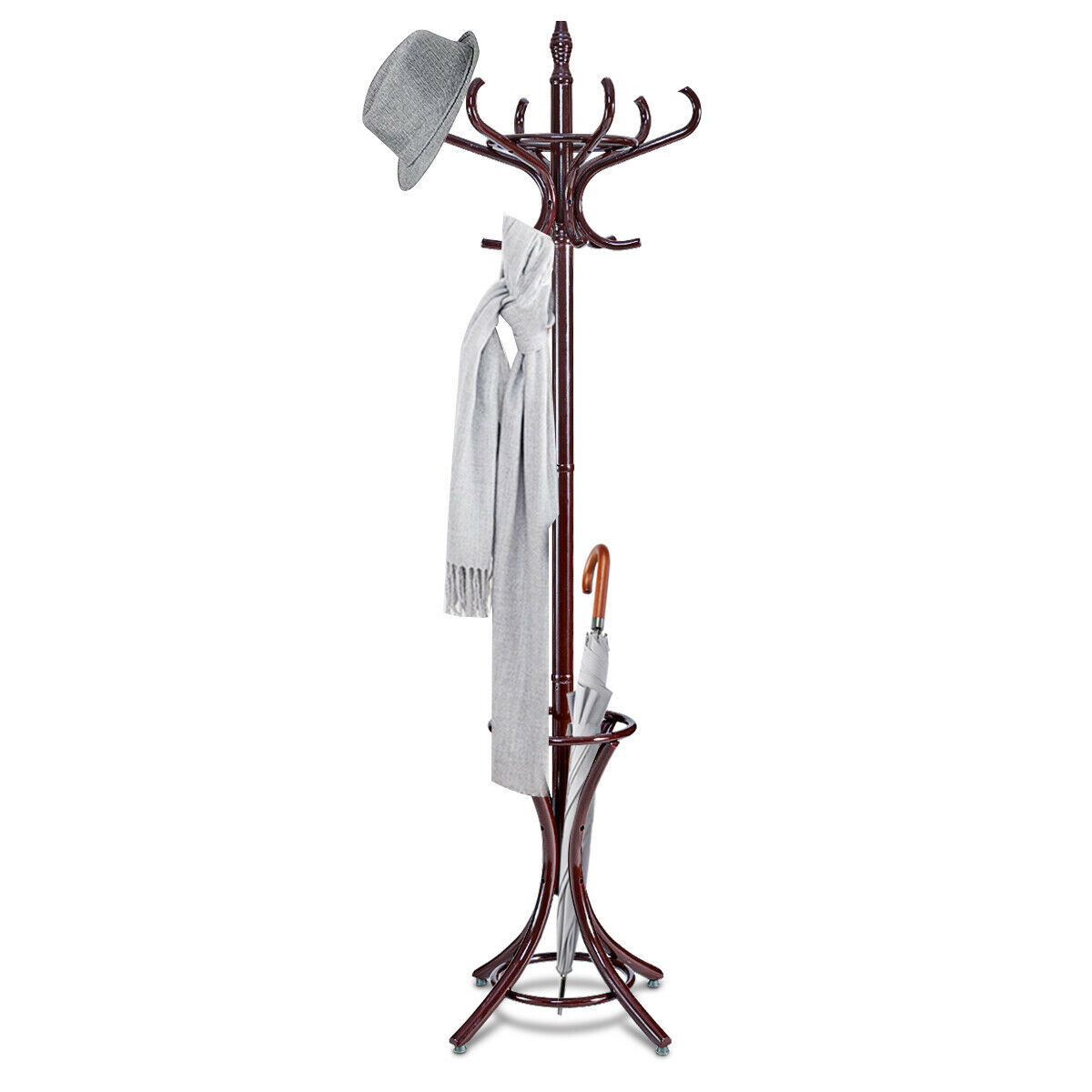 Wood Standing Hat Coat Rack Jacket Bag Hanger Tree 12 Hooks Reddish Brown w/