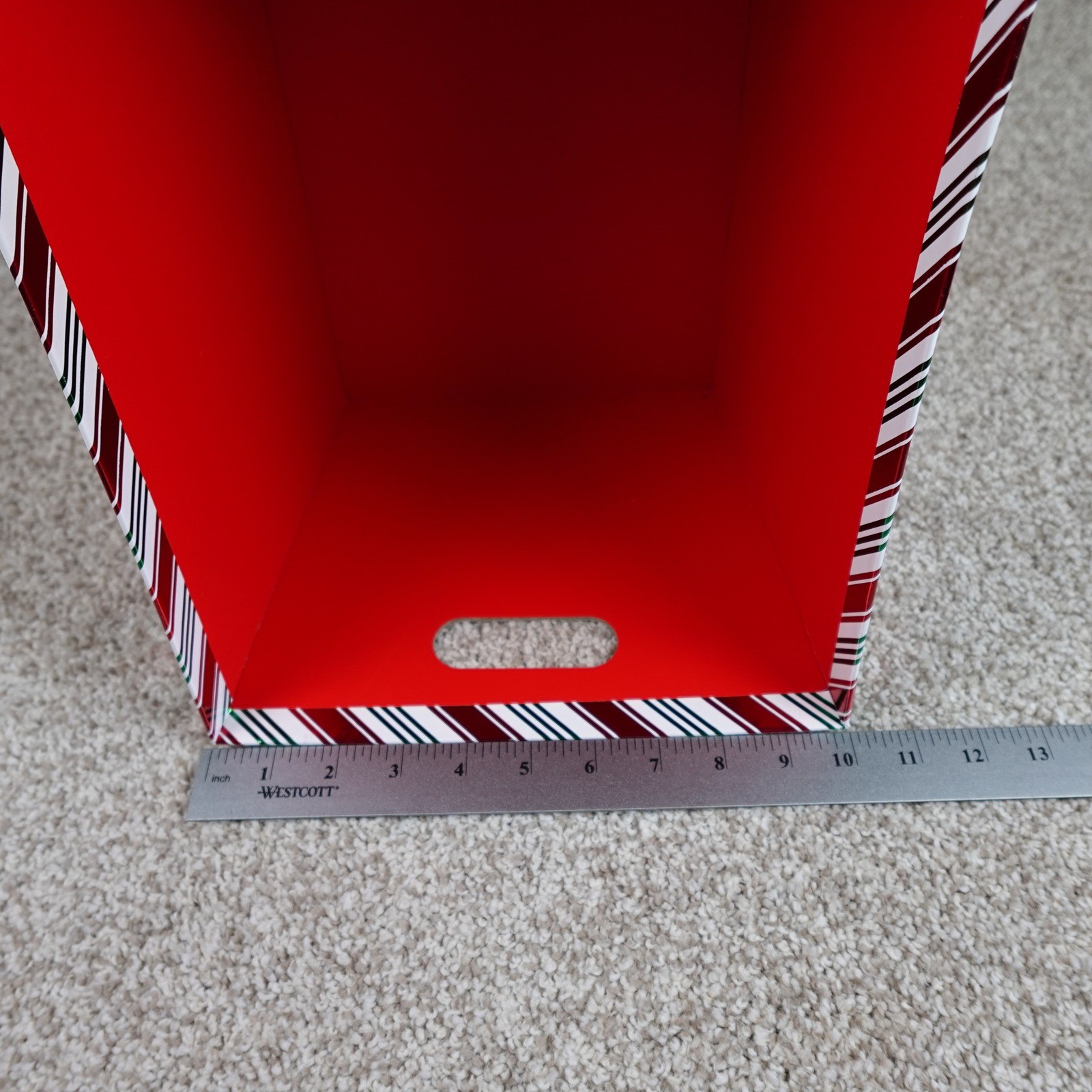 Holiday Christmas Candy Cane Striped Storage Bin Red Green White Foil Basket