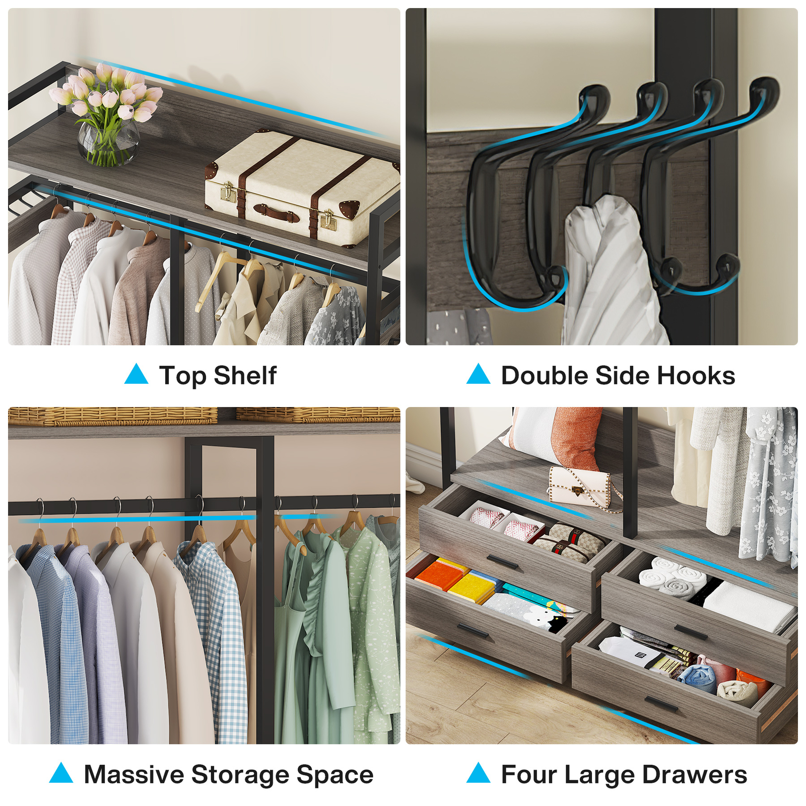 Tribesigns Closet Organizer with 4 Large Drawers, Clothes Garment Rack with Hook