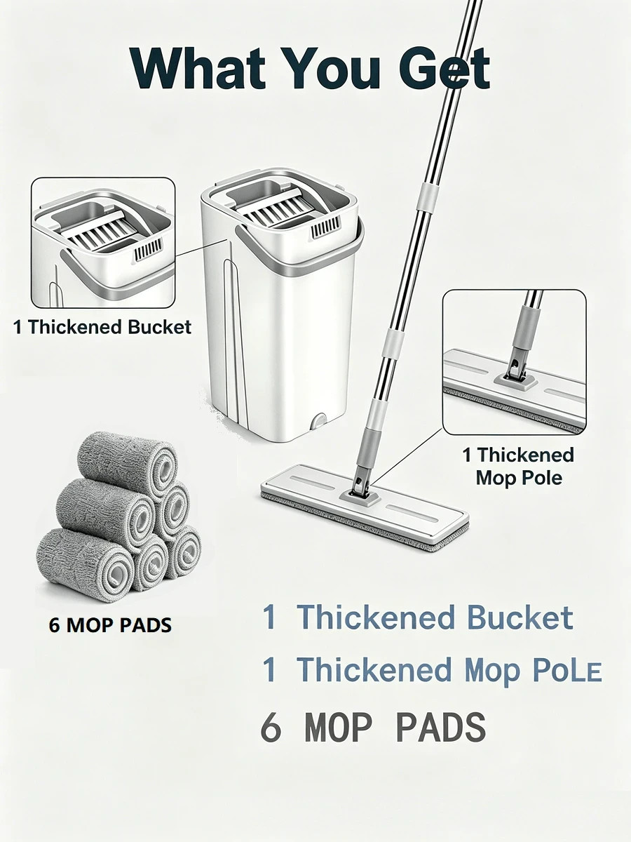 Mop Bucket Wringer Set 6 Reusable Microfiber Pads Wet Dry