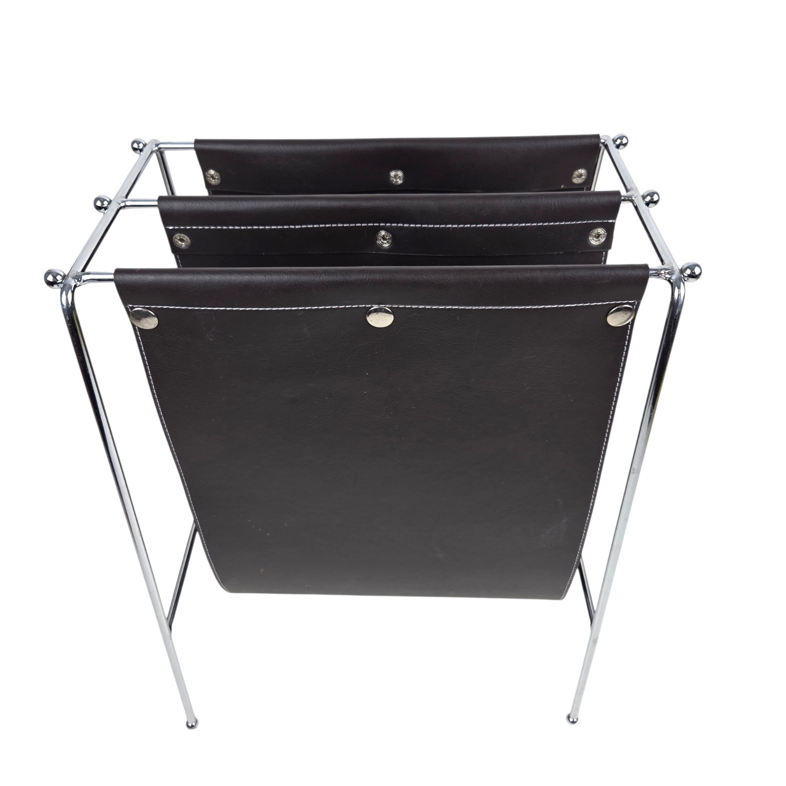 Mid Century Jacques Adnet Style Leather Grain Black Vinyl Chrome Magazine Rack