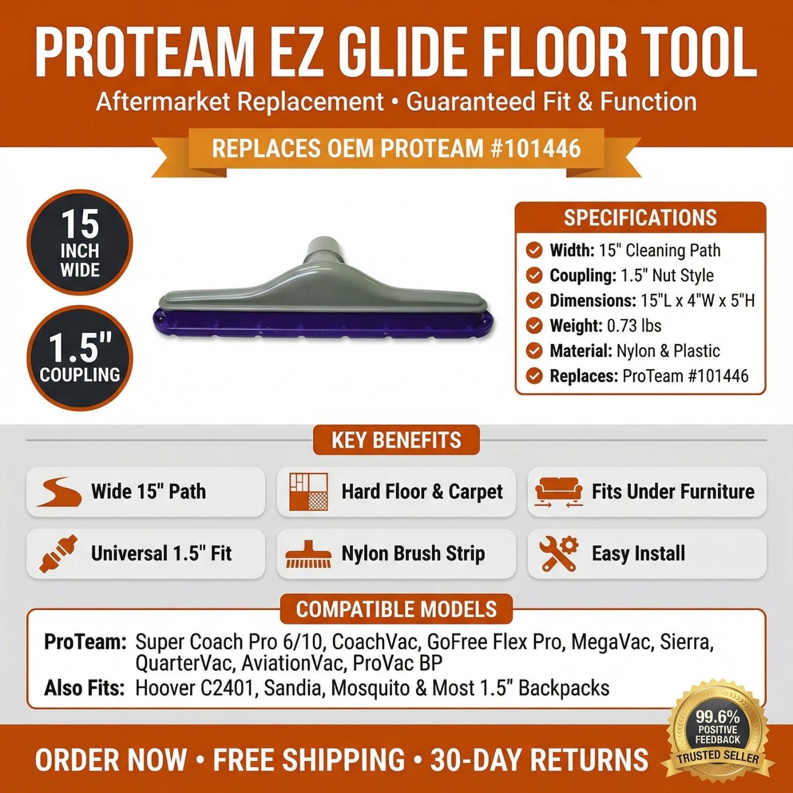 Floor Tool For ProTeam EZ Glide 15 Inch Wide Purple