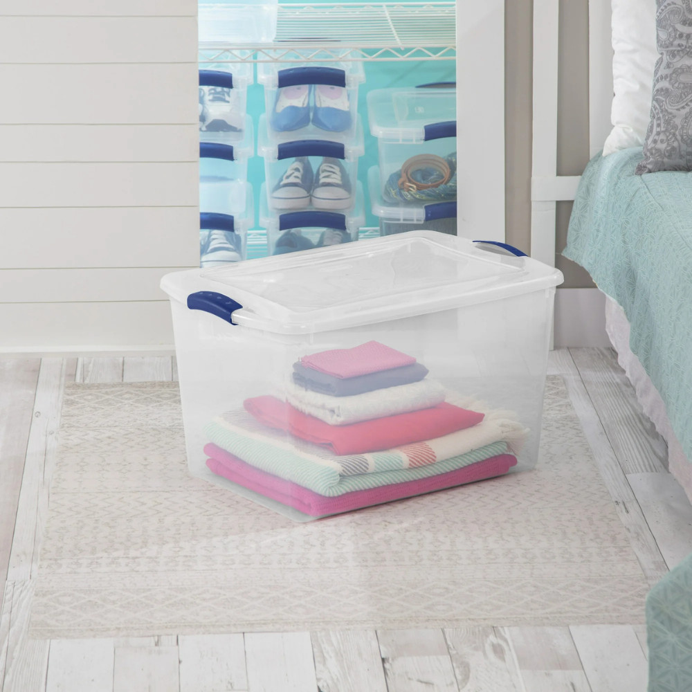 (4 pack) Sterilite Large Storage Bin, 66 Quart Clear Plastic Storage Container