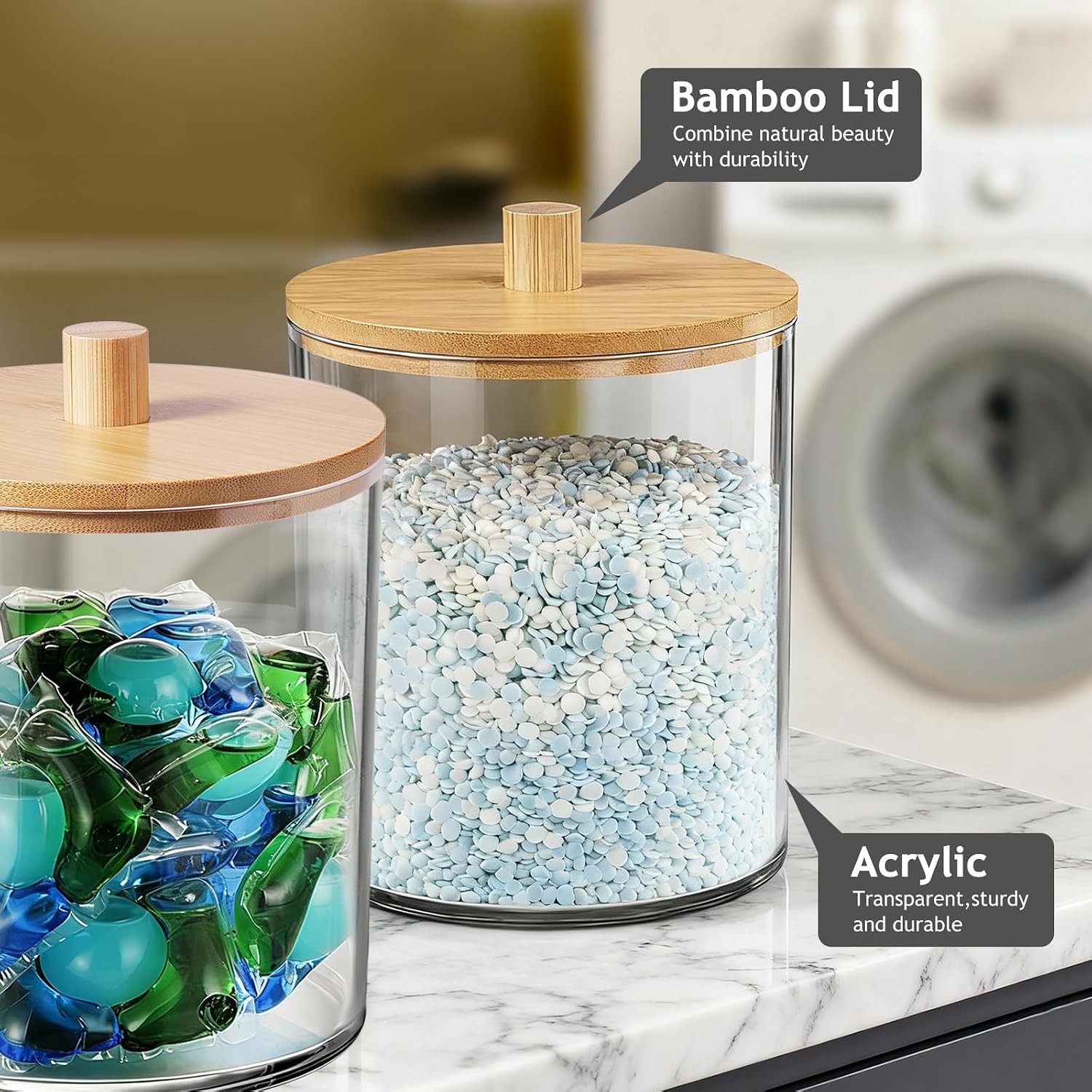 1 Pack 50oz Laundry Pods Container with Natural Bamboo Lid – Shatterproof