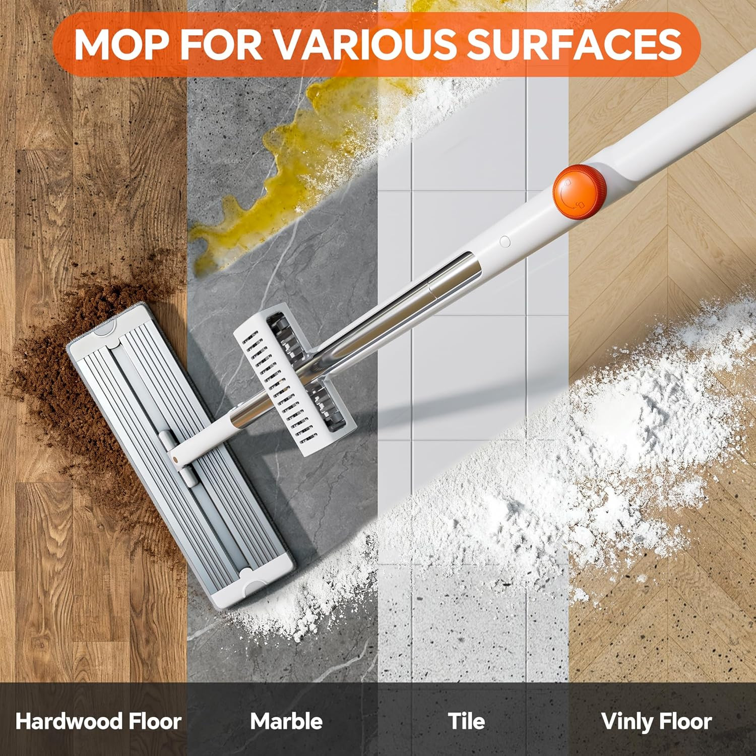 Self Wringing Flat Mop 360 Spin Head Microfiber Floor Cleaner 4 Pads No Bucket