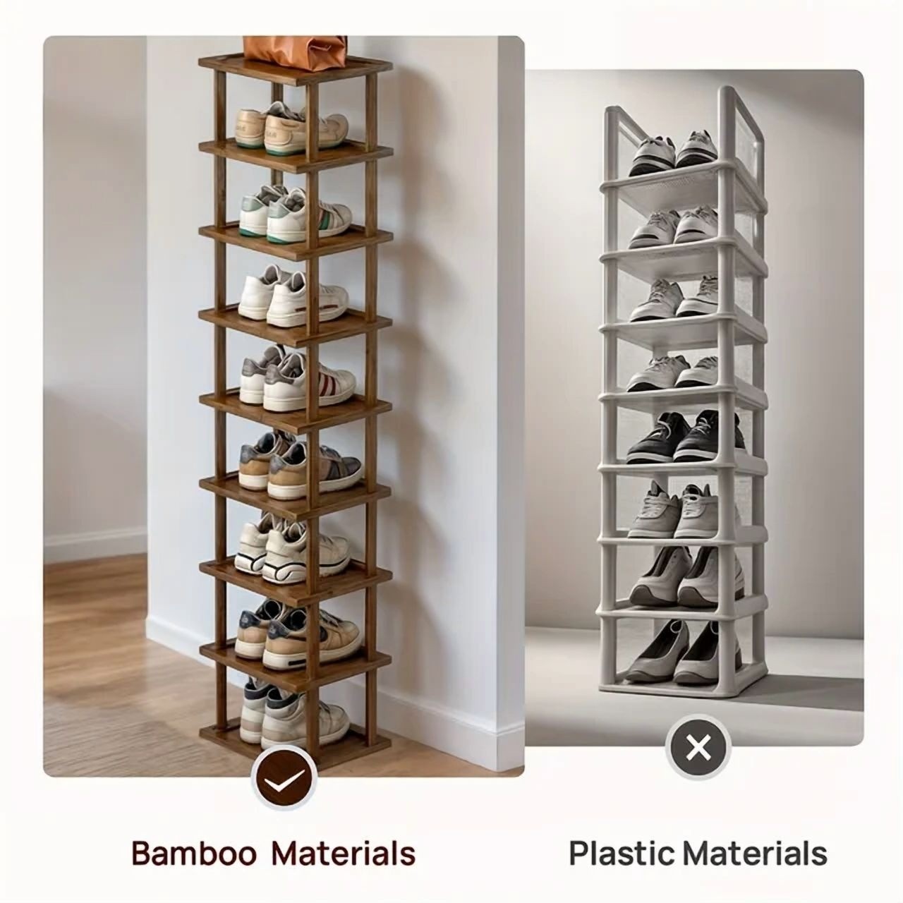 9-Tier Bamboo Vertical Shoe Rack Tall Narrow Space Saving Organizer Entryway