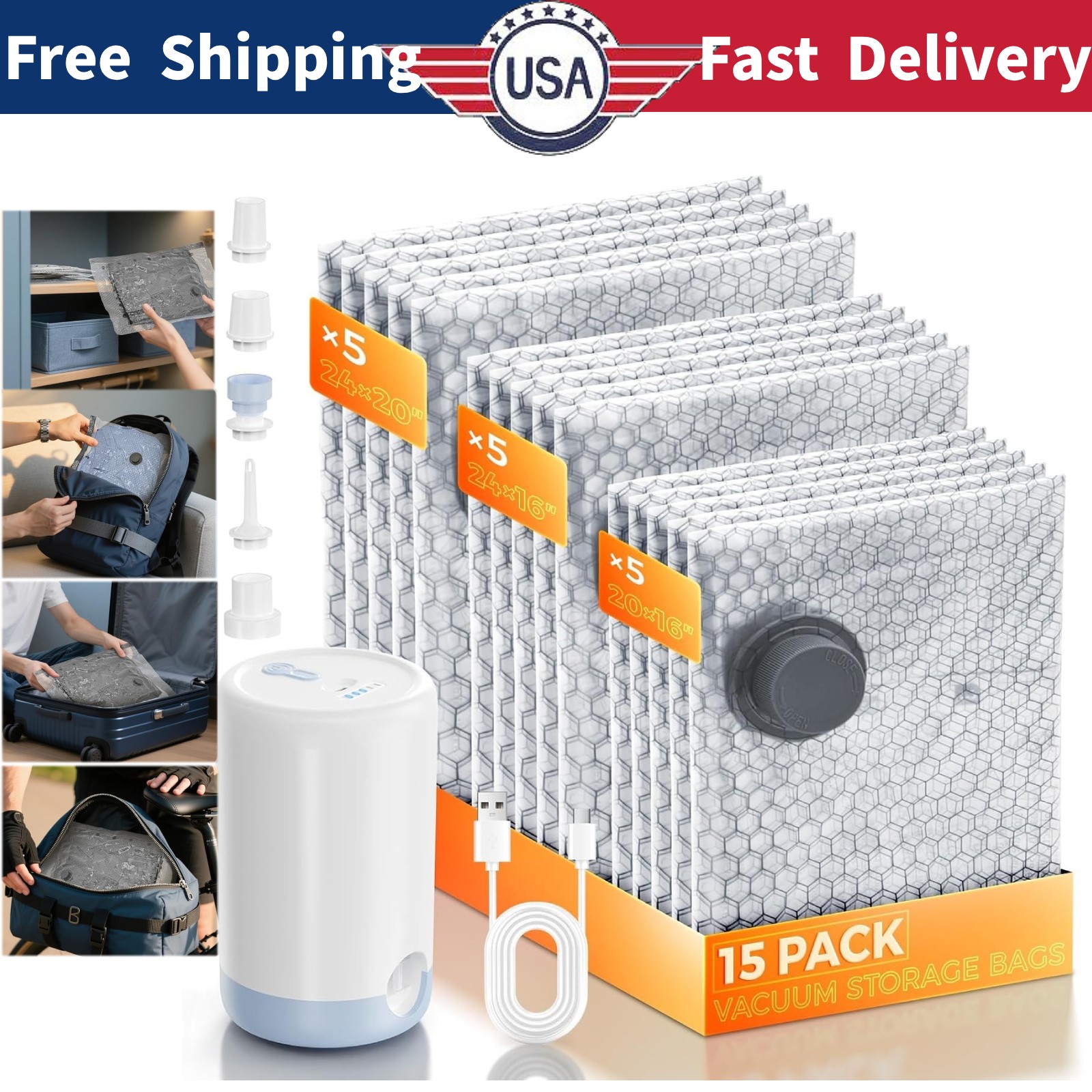 15 Pack Travel Vacuum Bags with Rechargeable Wireless Pump, Clothing Seal Org US