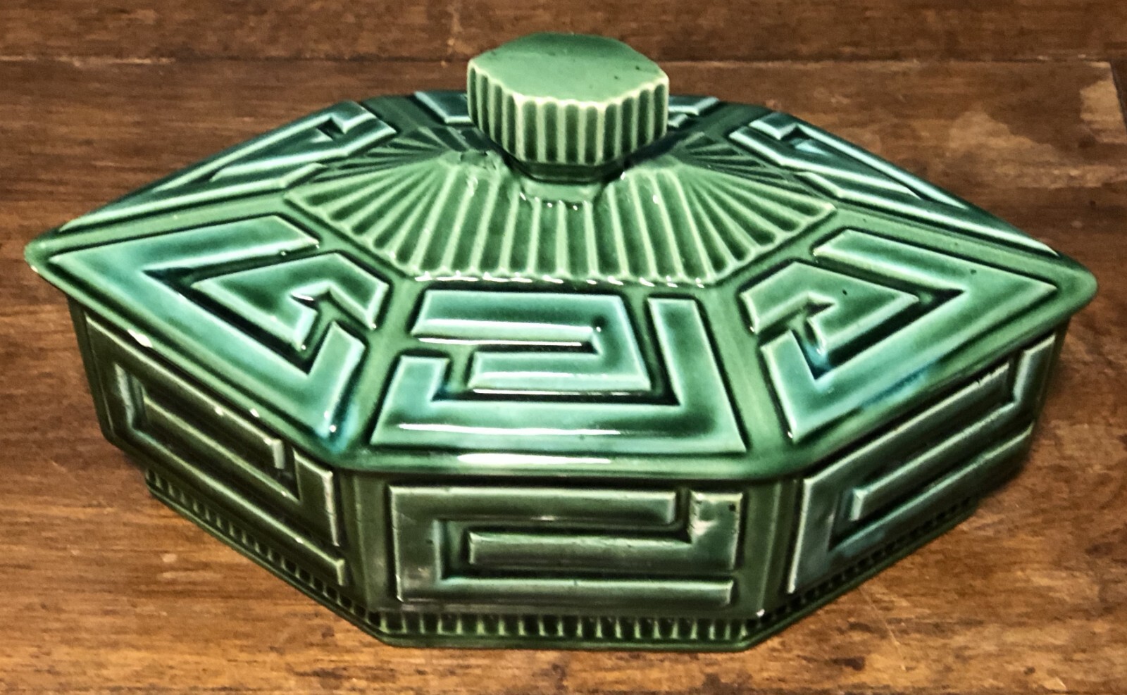 Retro Vintage Geometric Green Ceramic Art Pottery Storage Conatiner Trinket Box