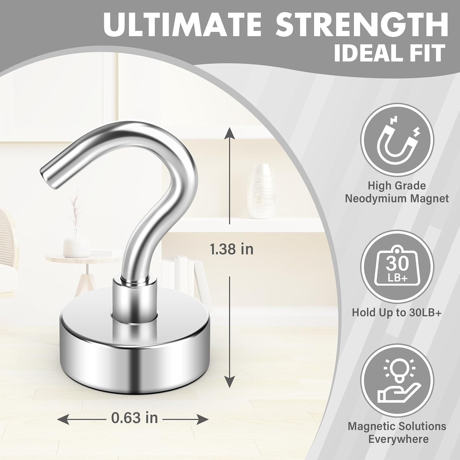 Magnetic Hooks Heavy Duty 30LB Strong Magnets Hanging Silver 8 Pack
