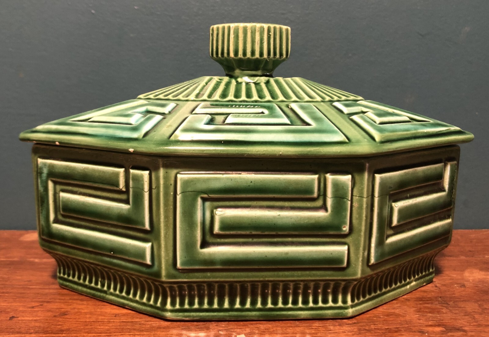 Retro Vintage Geometric Green Ceramic Art Pottery Storage Conatiner Trinket Box