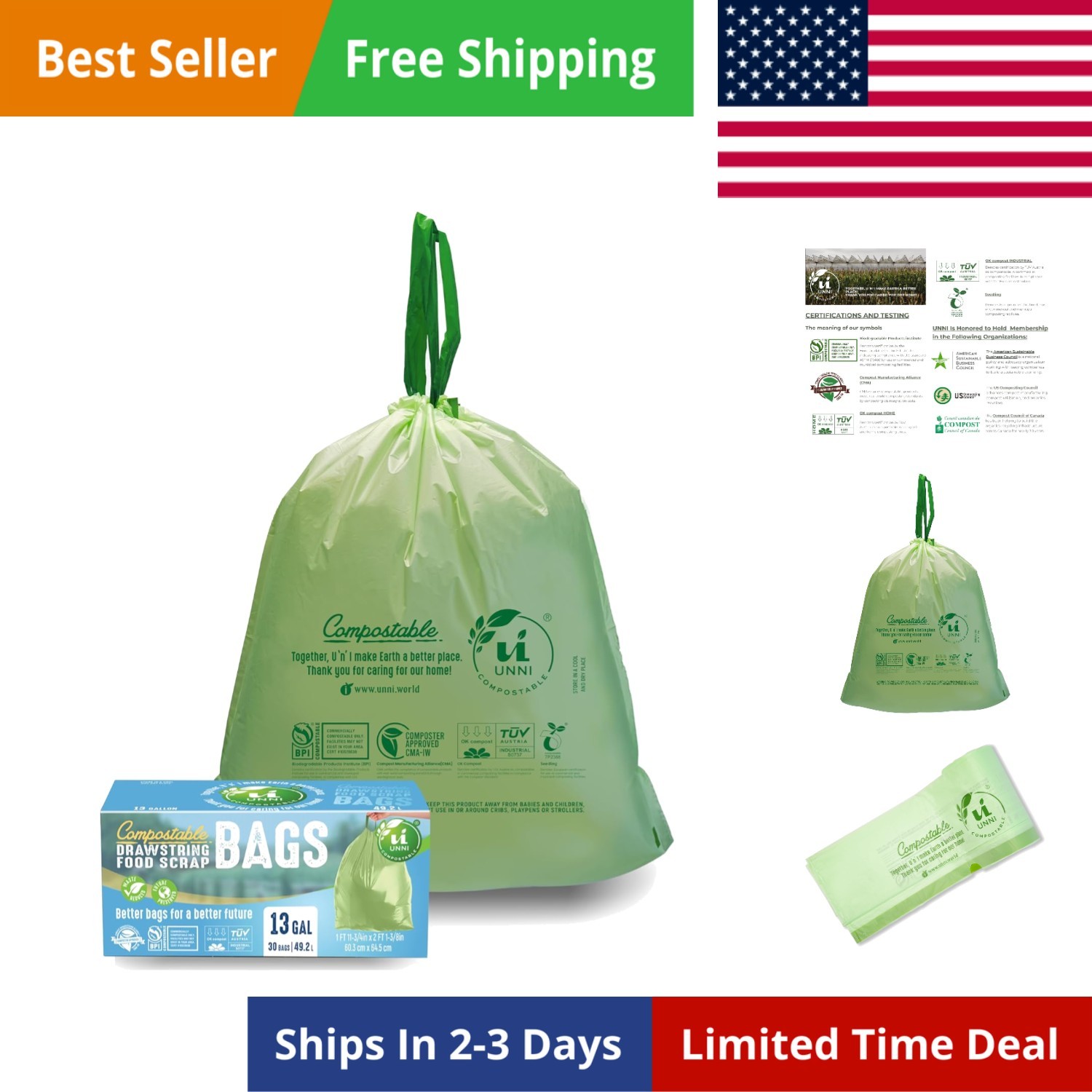 UNNI Compostable Trash Bags, 13 Gallon / 49.2 Liter, 30Count, Extra Thick 0.9 M