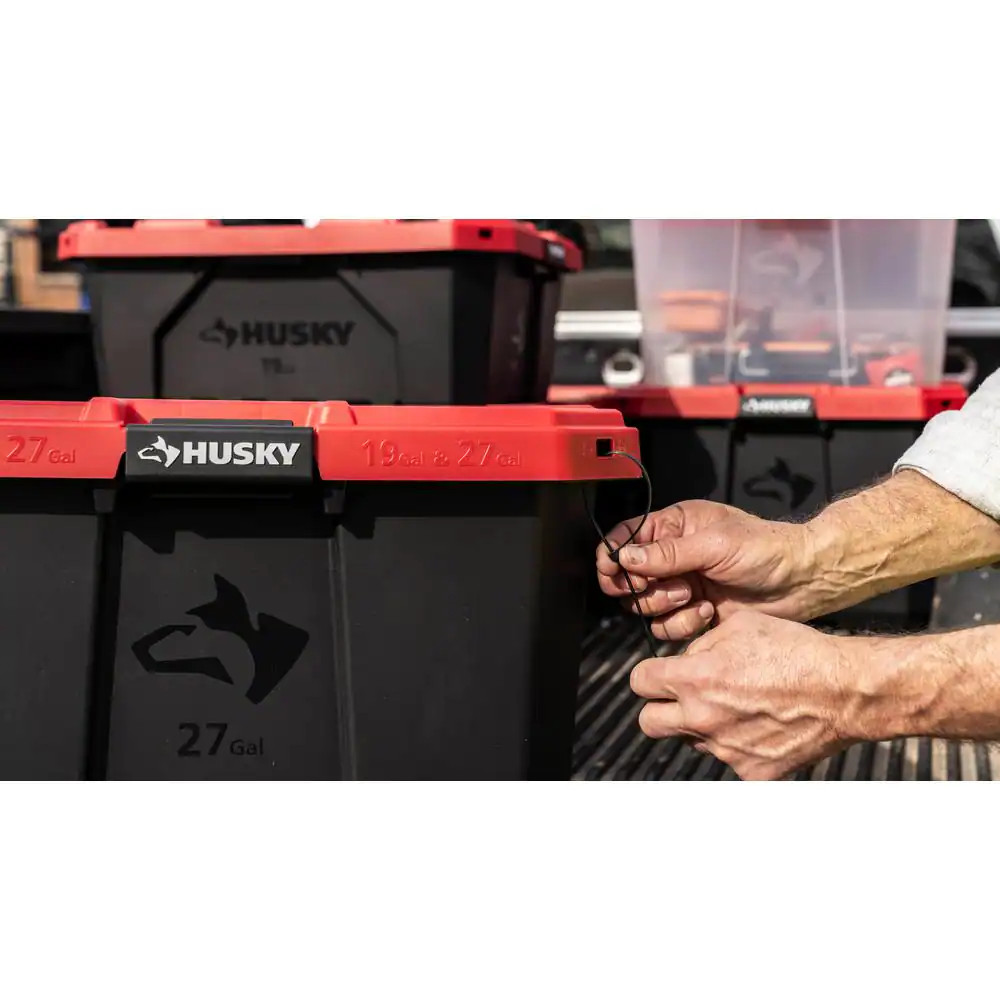Husky 27 Gallon Storage Tote Bin Heavy Duty Stackable Lockable Lid Black Red