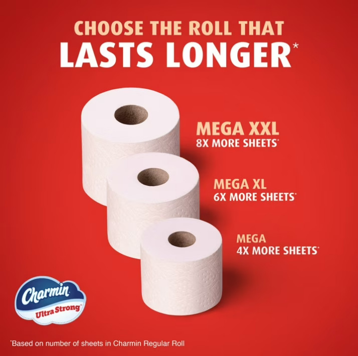 2 PACK Charmin Ultra Strong Toilet Paper 9 Mega XXL Rolls, 440 Sheets Per Roll