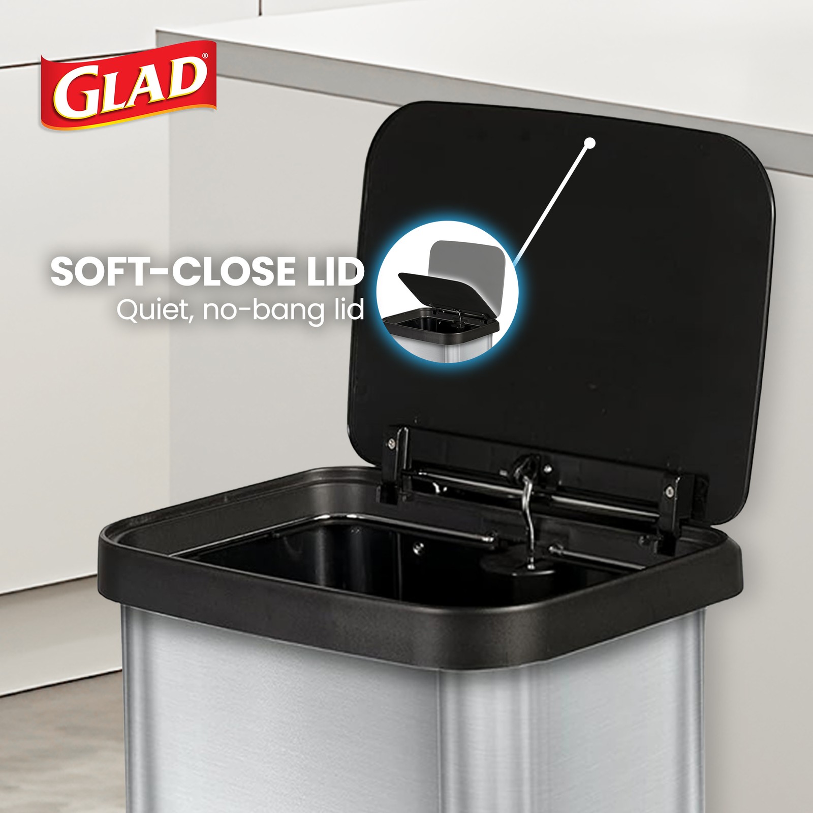 Glad Step Trash Can, Soft Close Lid Bin with Odor Protection, 13 Gal (Used)