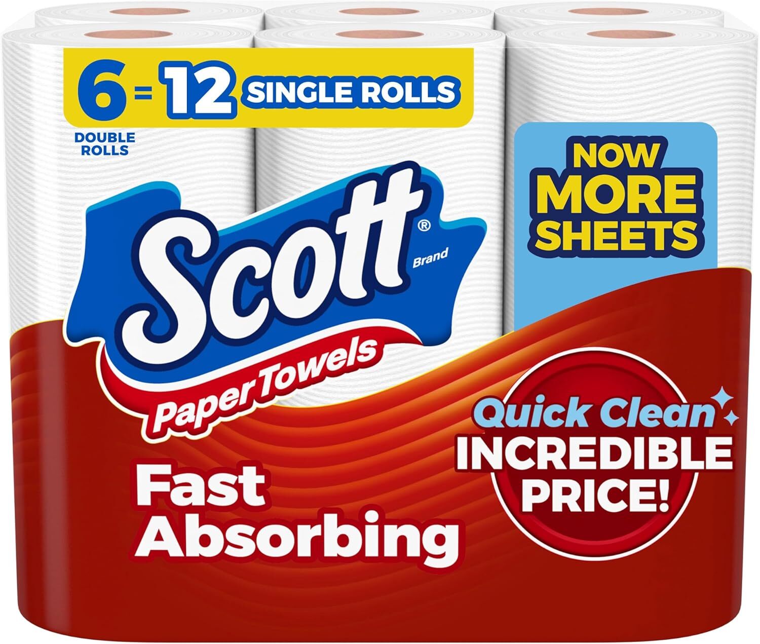 Scott Paper Towels, Choose-A-Sheet, 6 Double Rolls = 12 Regular Rolls(100 Sheet)