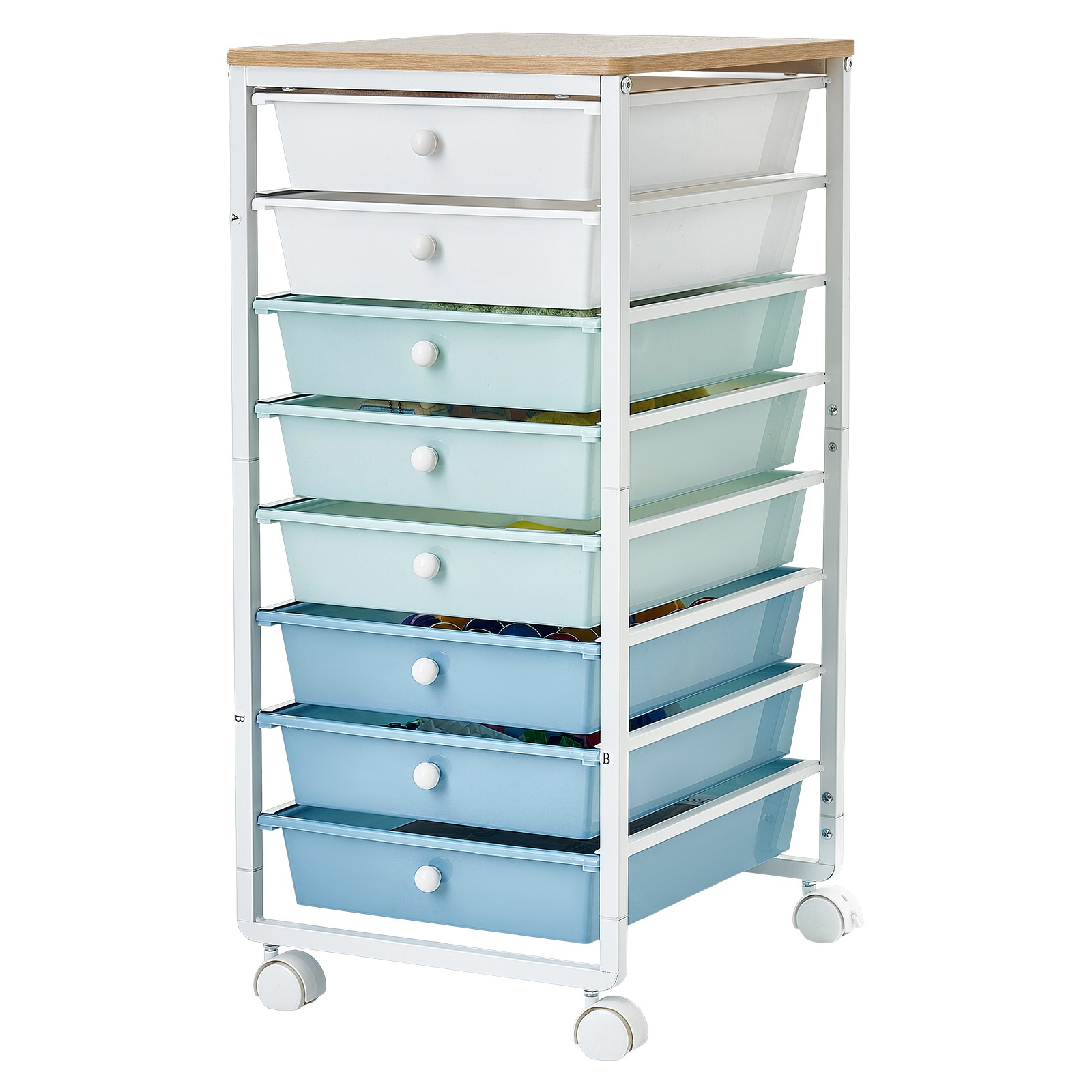 Uimoso Rolling Cart with 8 Drawers and Wooden Top in Green and Blue