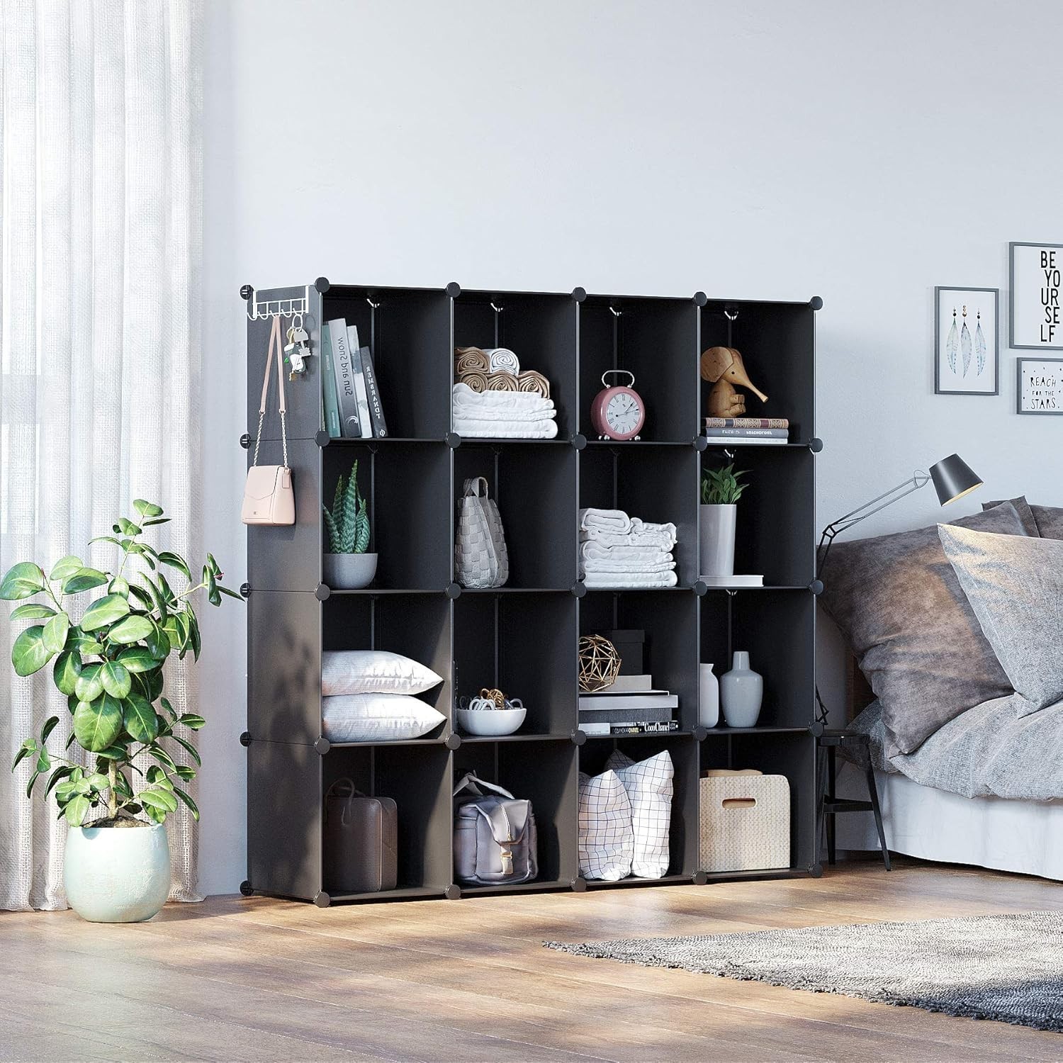 16-Cube Storage Organizer Plastic Shelves Unit Bedroom Closet Black