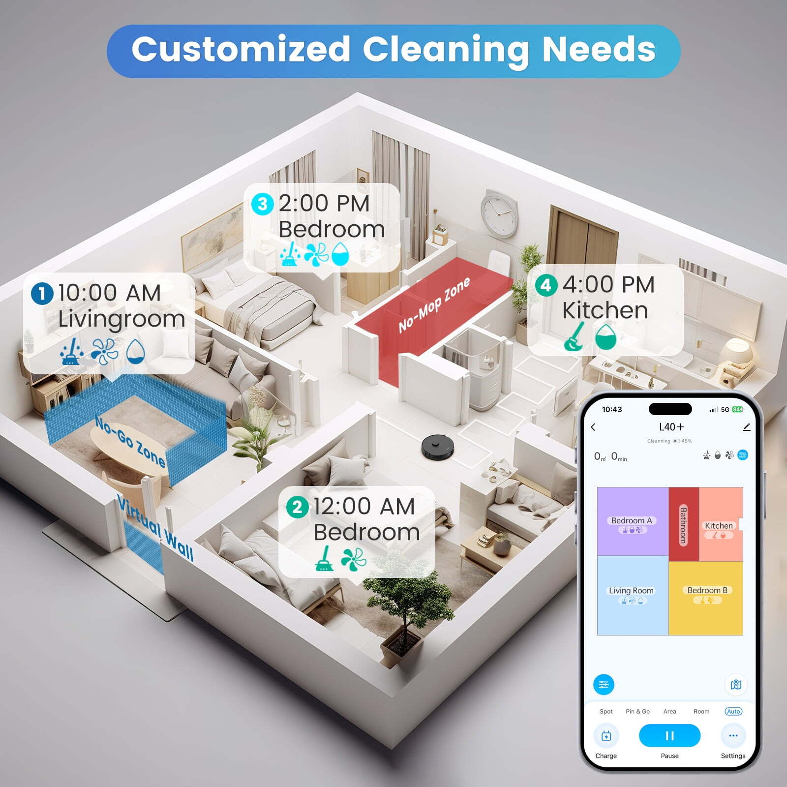 Robot Vacuum Cleaner, 60 Days Self-Empty Bin, 180 Min Runtime, APP Voice Control