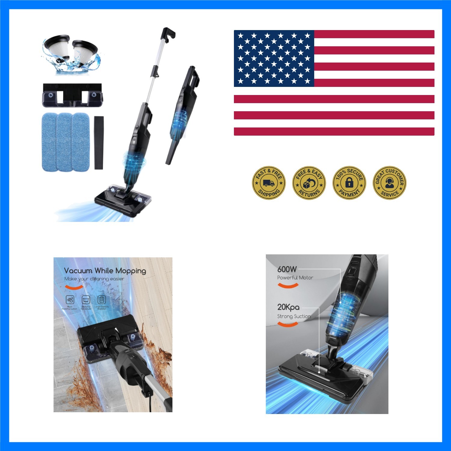 Stick Vacuum Cleaner with 3 Mop Pads Electirc Mop 600W 18kpa Powerful Suction…