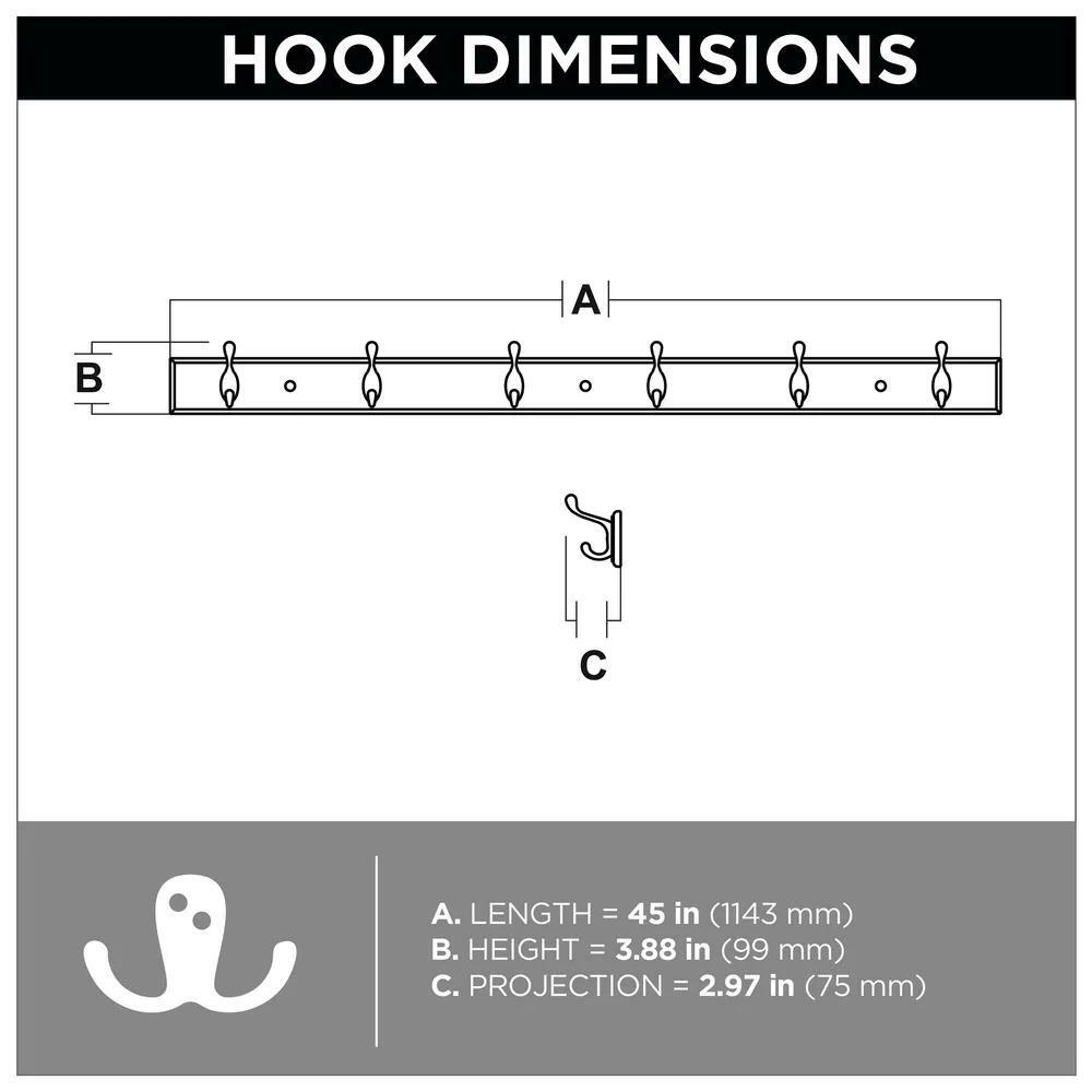 Liberty Hook Rack White Satin Nickel Heavy Duty Hooks Wall Mounted 45 in. Width