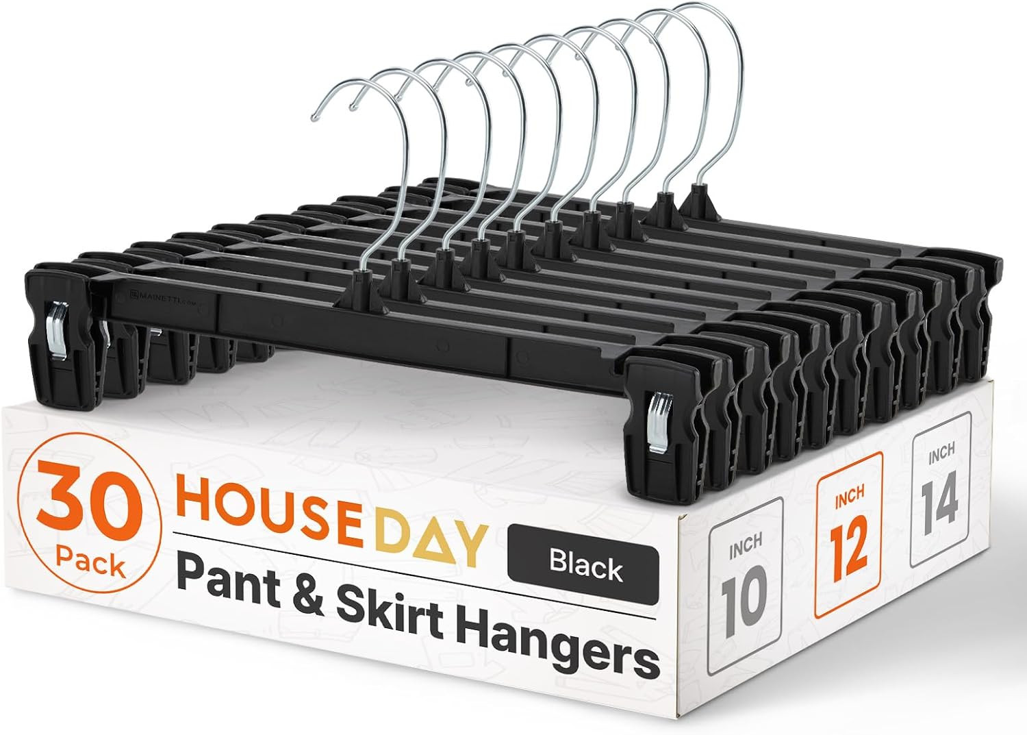 Black Pants Hangers 50 Pack, 12 Inch Skirt Hangers with Non-Slip Big Clips and 3