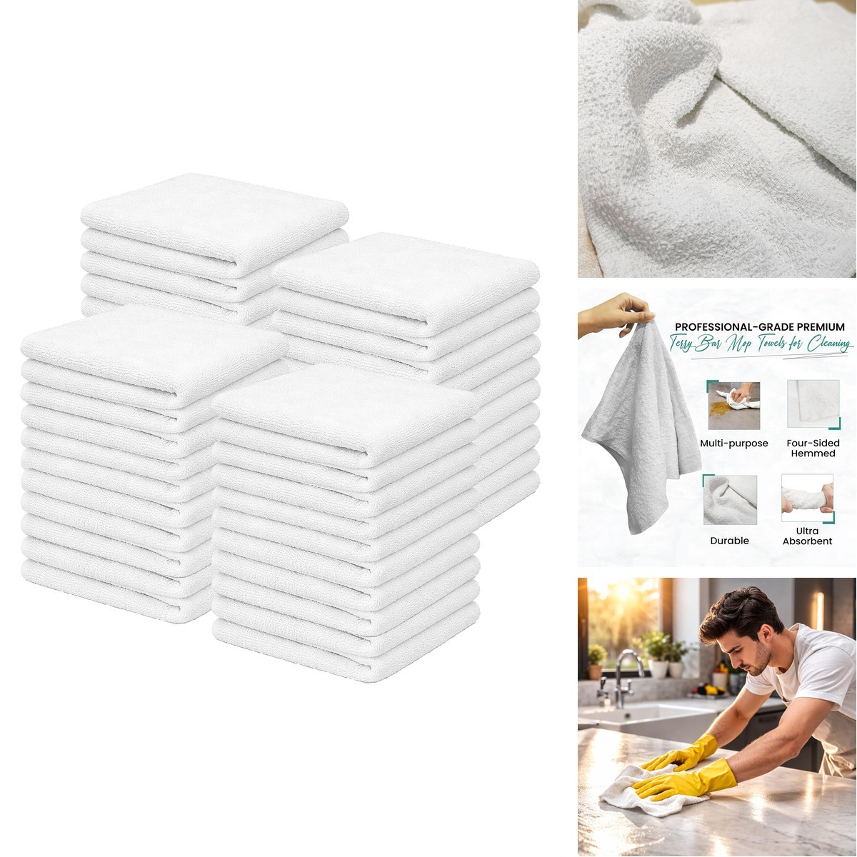 SupremePlus White Bar Towels, Pack 40 (approx.) 100% Cotton Cleaning Rags, 14 x