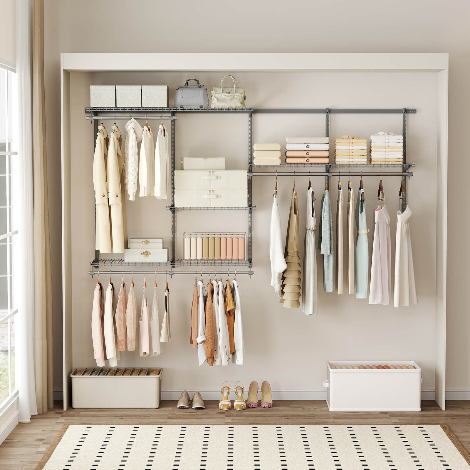 4-8 FT Wall-Mounted Closet Organizers and Storage System w/ Hanging Rod
