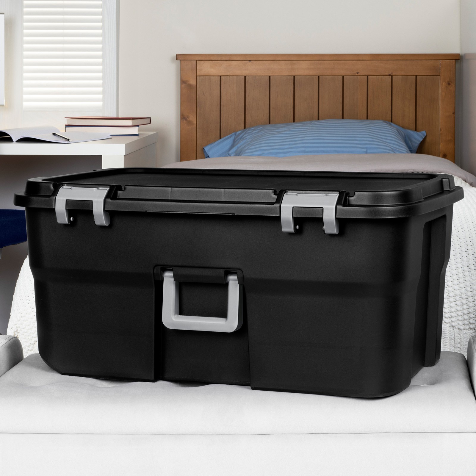 Sterilite Wheeled Footlocker, 22 Gal Plastic Storage Container with Lid, Black
