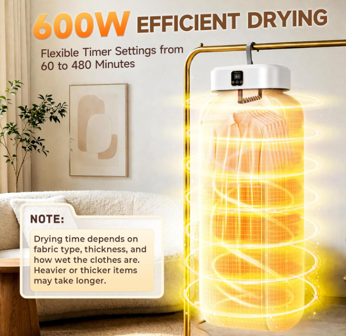 Mini Secadora de Ropa 600W Plegable Silenciosa con 8 Temporizadores para Viaje
