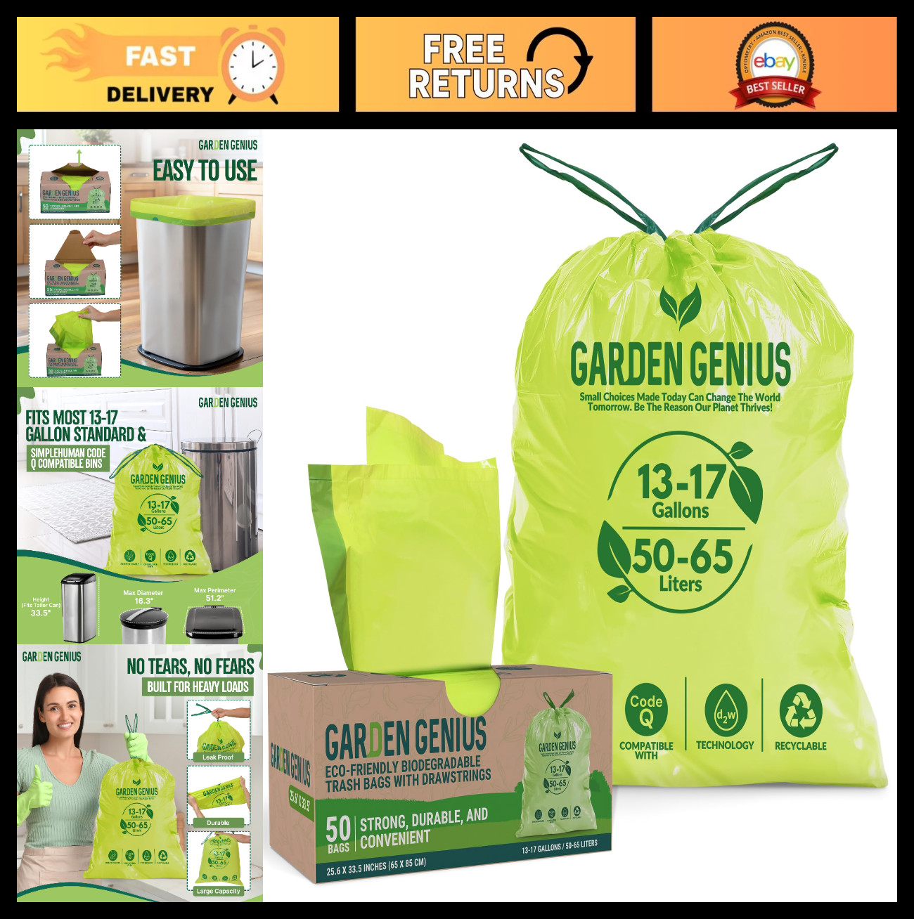 Eco-Friendly 13-17 Gallon Trash Bags – 50 Pack Heavy-Duty Drawstring Kitchen Bag