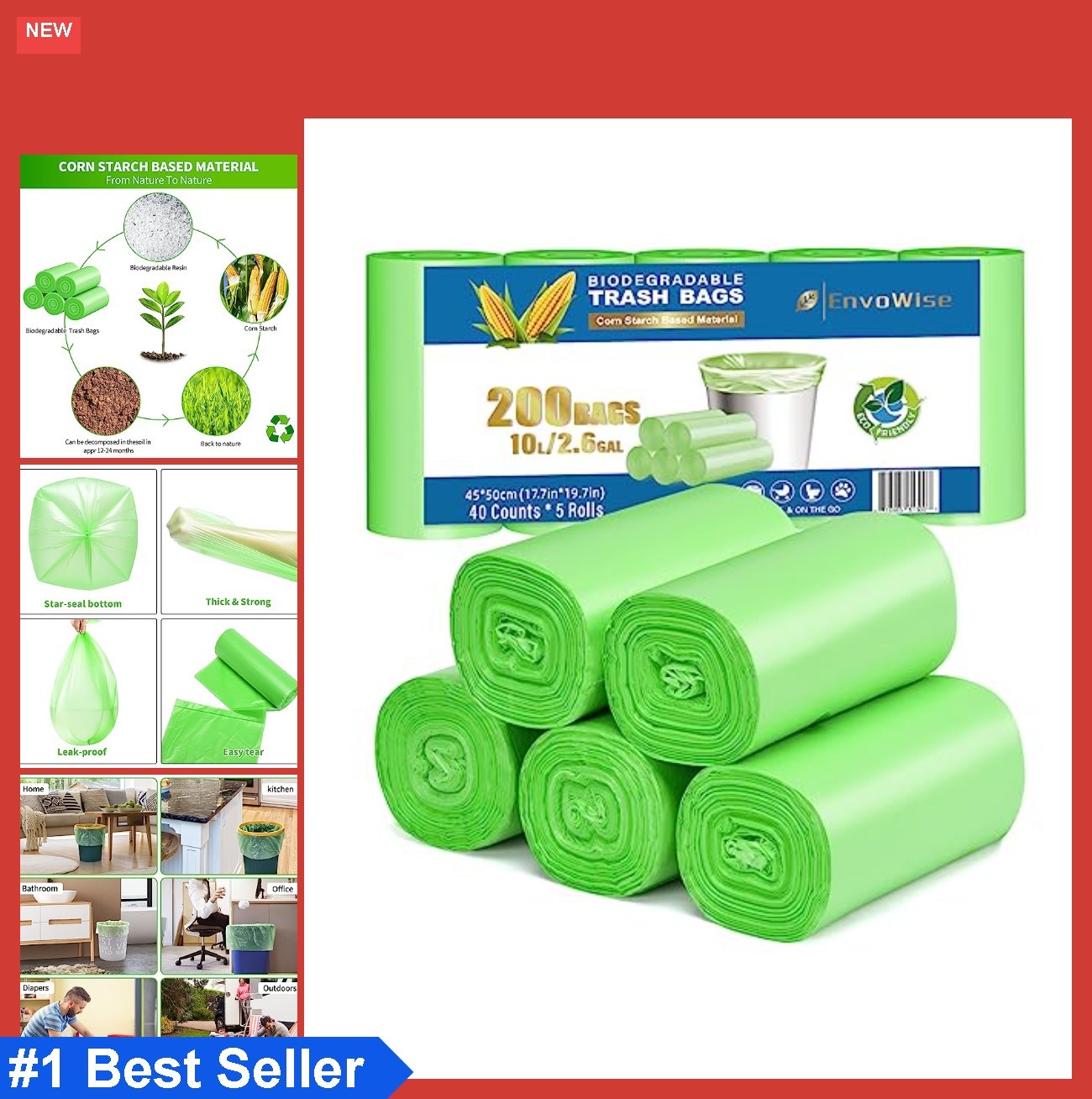 Biodegradable Trash Bags 10 Liter 200 Count Unscented Thick Leak Resistant