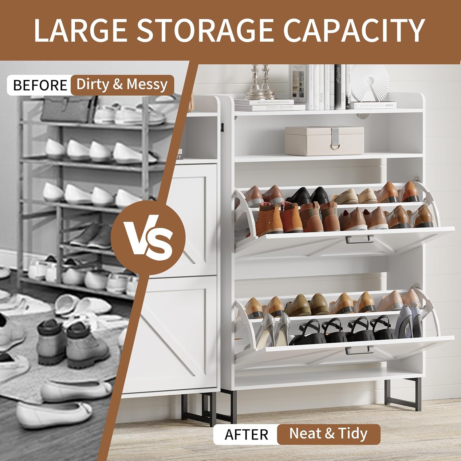 Shoe Cabinet with 2 Flip Drawers, Freestanding Hidden Shoe Storage Organizer for