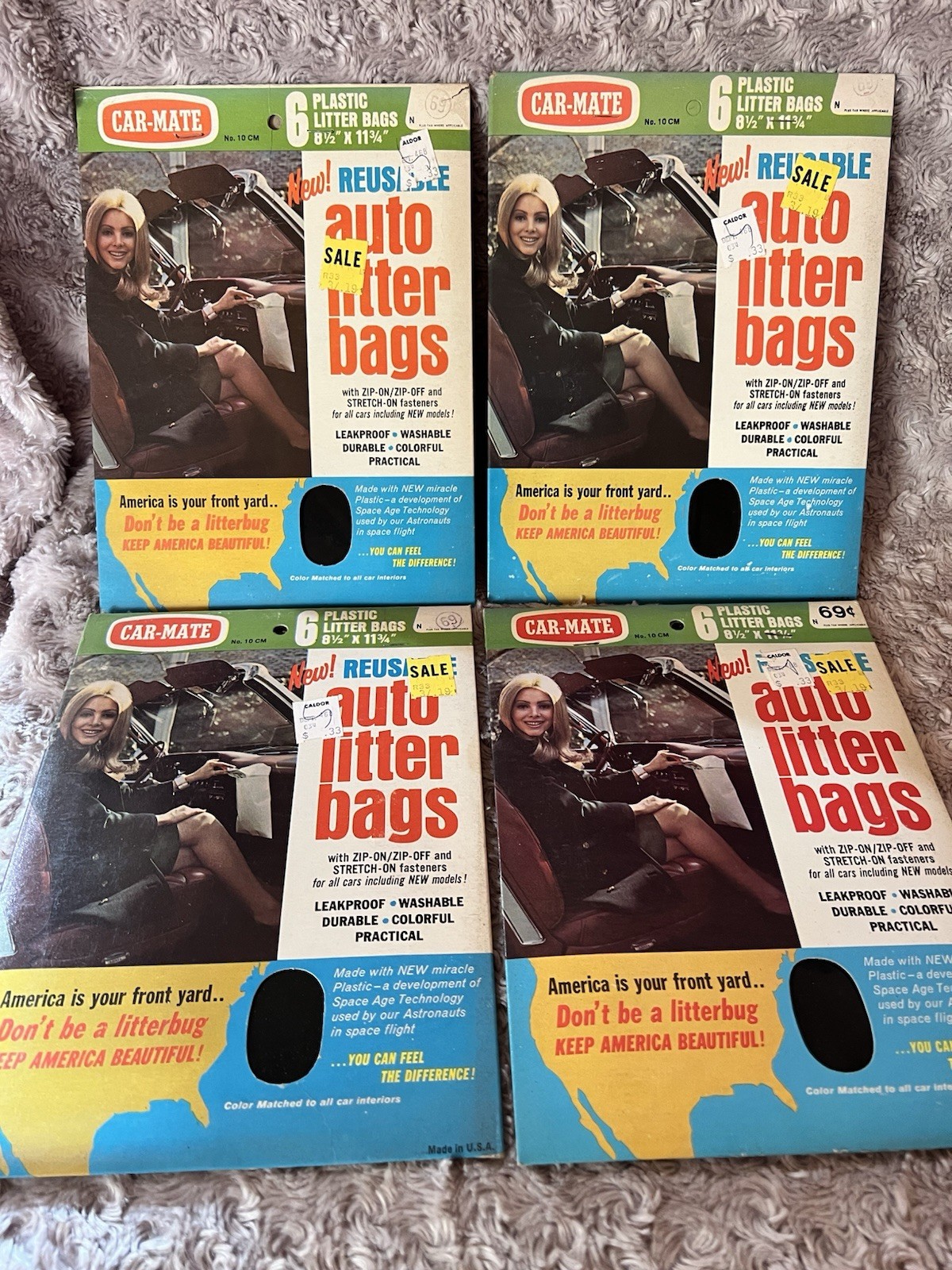 Lot Of 4 Vintage Car-Mate No.10CM Reusable Auto Litter Bags New NOS Black USA
