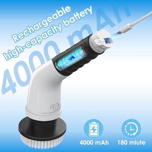 Electric Spin Scrubber, Cordless Cleaning Brush with 180 Min Runtime, 3-Speed,