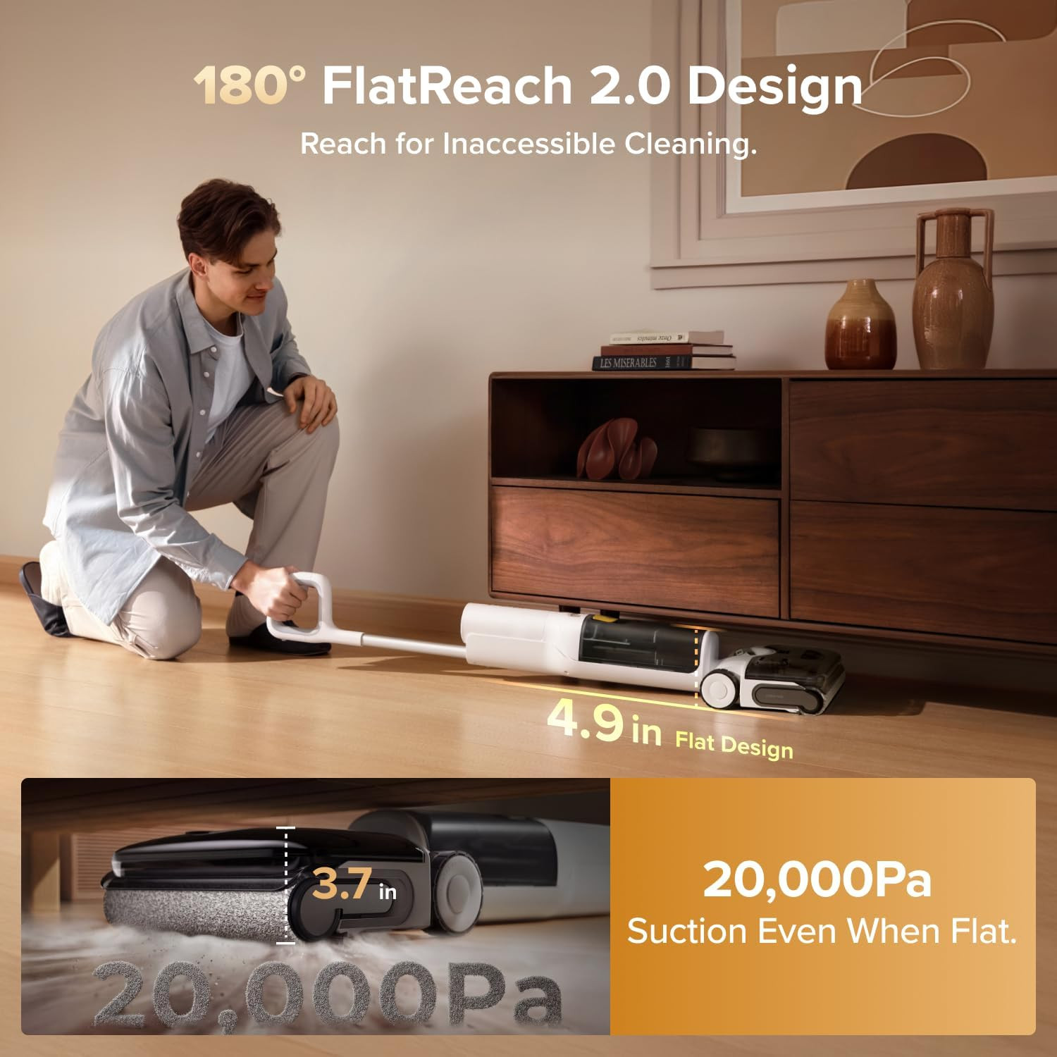 Cordless Wet Dry Vacuum Mop 20000Pa Self Cleaning 180° Lie Flat Floor Cleaner