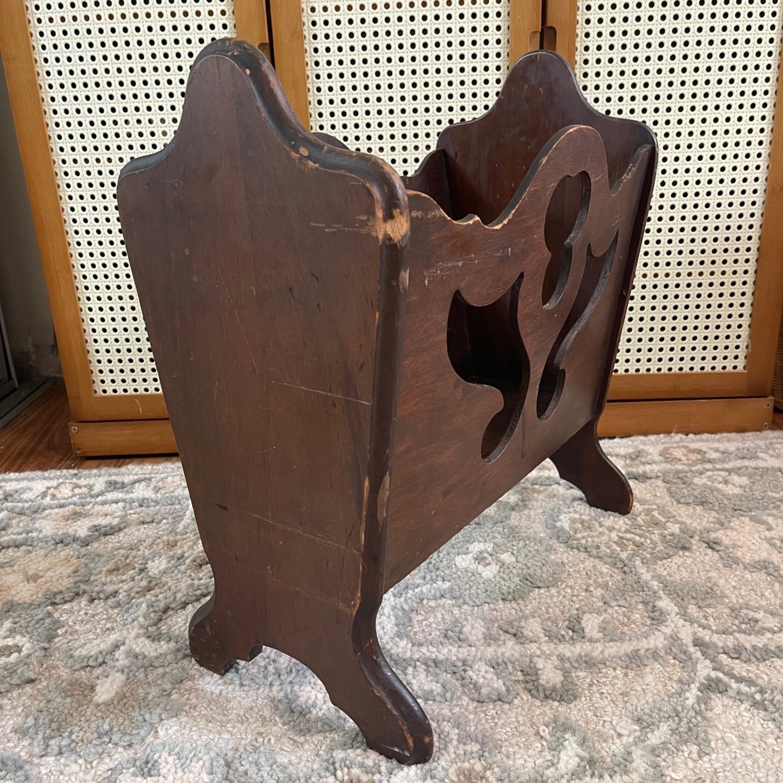 Vtg MCM Oak Wood Magazine Book Vinyl Record LPs Craft Holder art Nouveau ornate