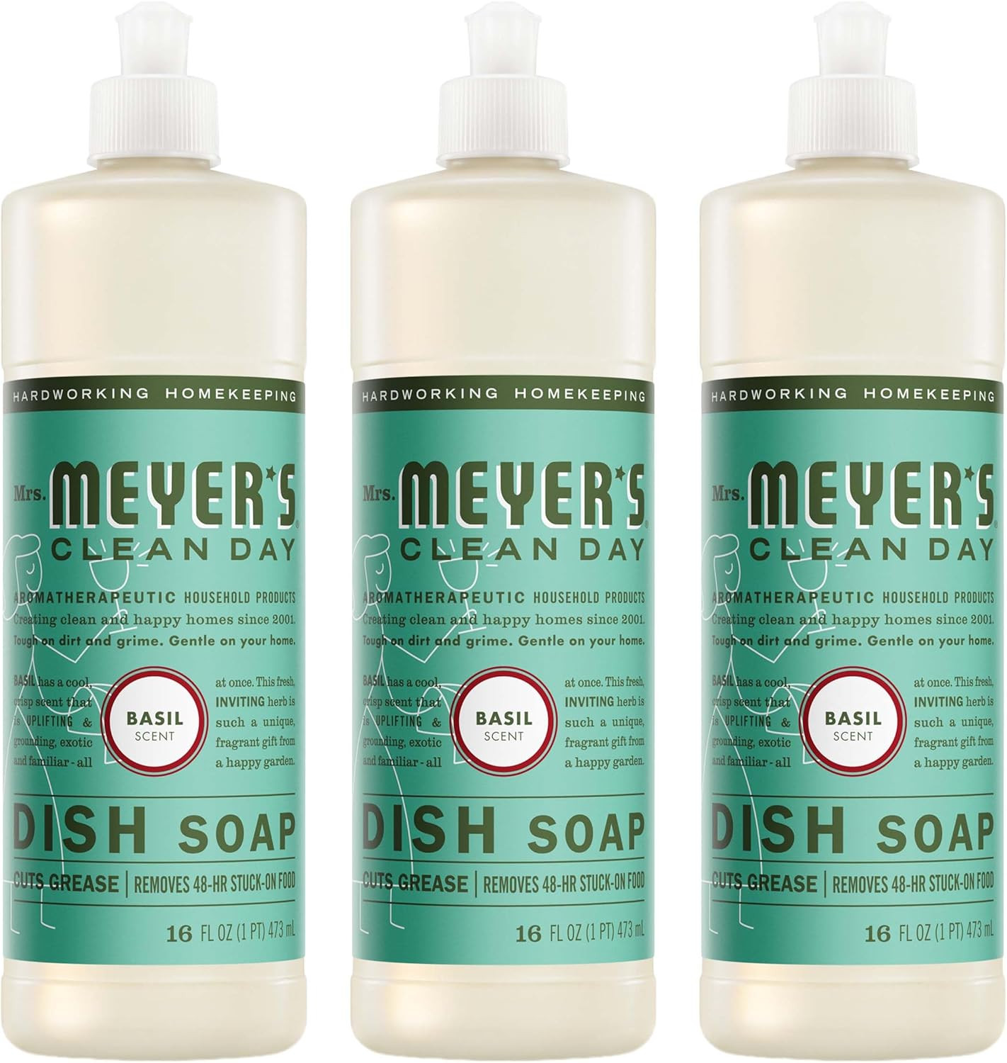 Mrs Meyers Liquid Dish Soap Basil Scent Plant Derived Degreaser 16oz 3-Pack