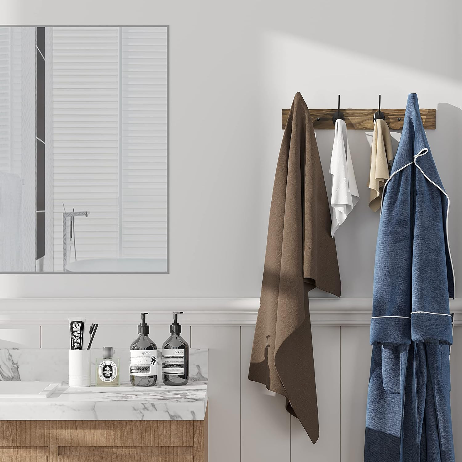 Wall Mounted Wooden Coat Hat Rack with 4 Hooks for Entryway Bathroom Bedroom