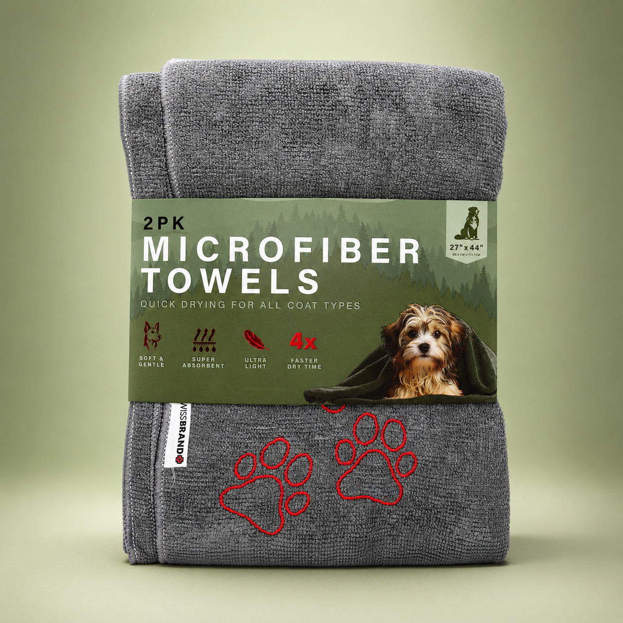 Swissbrand 2PK Microfiber Dog Towels Gray Green Quick Dry Pet Towels 27×44