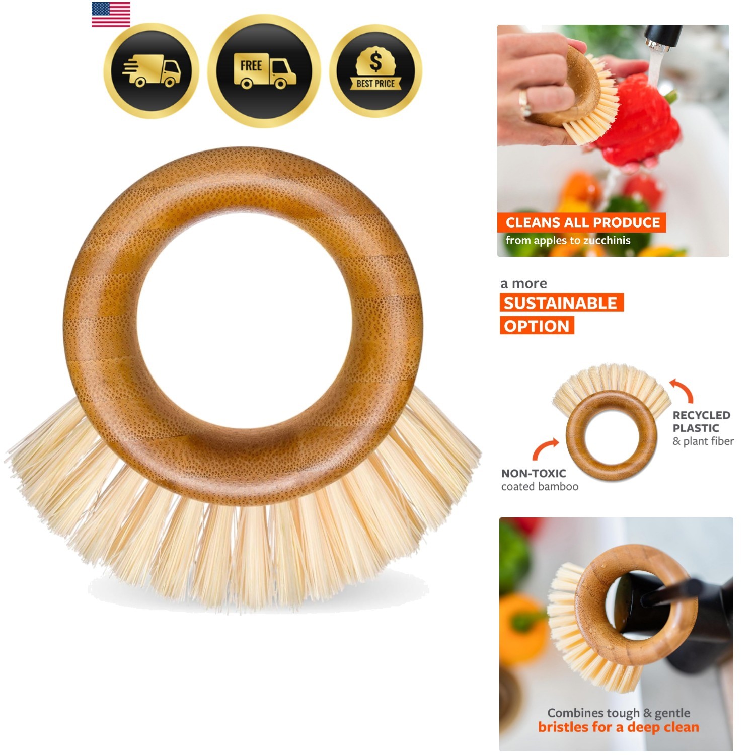 Vegetable Fruit Scrub Brush Eco Friendly Bamboo Produce Cleaner 1pc