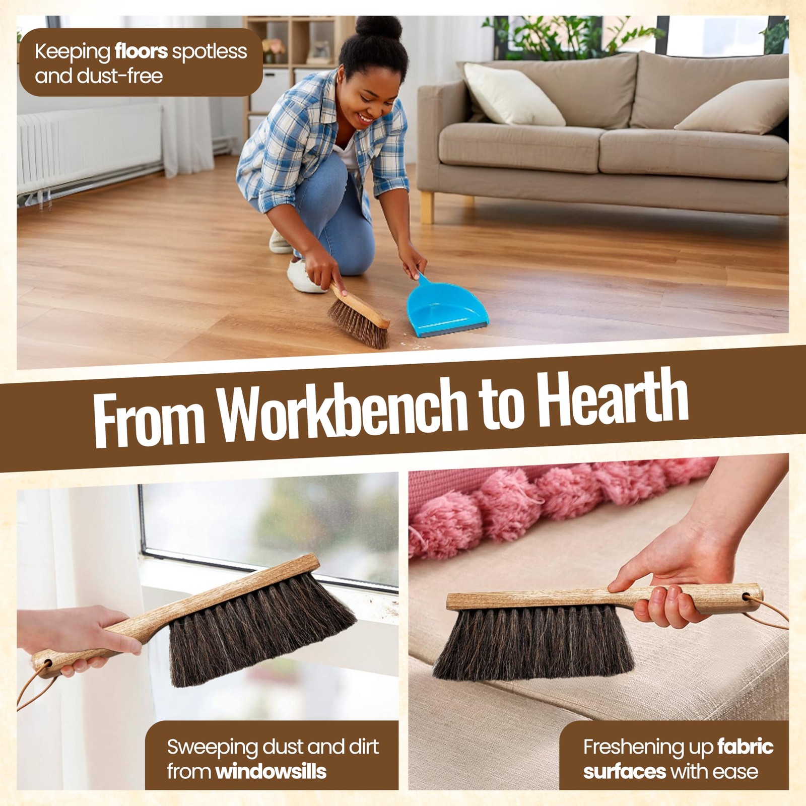 Dustpan Bench Large 13 inches by 4 inches, American Birch-horsehair