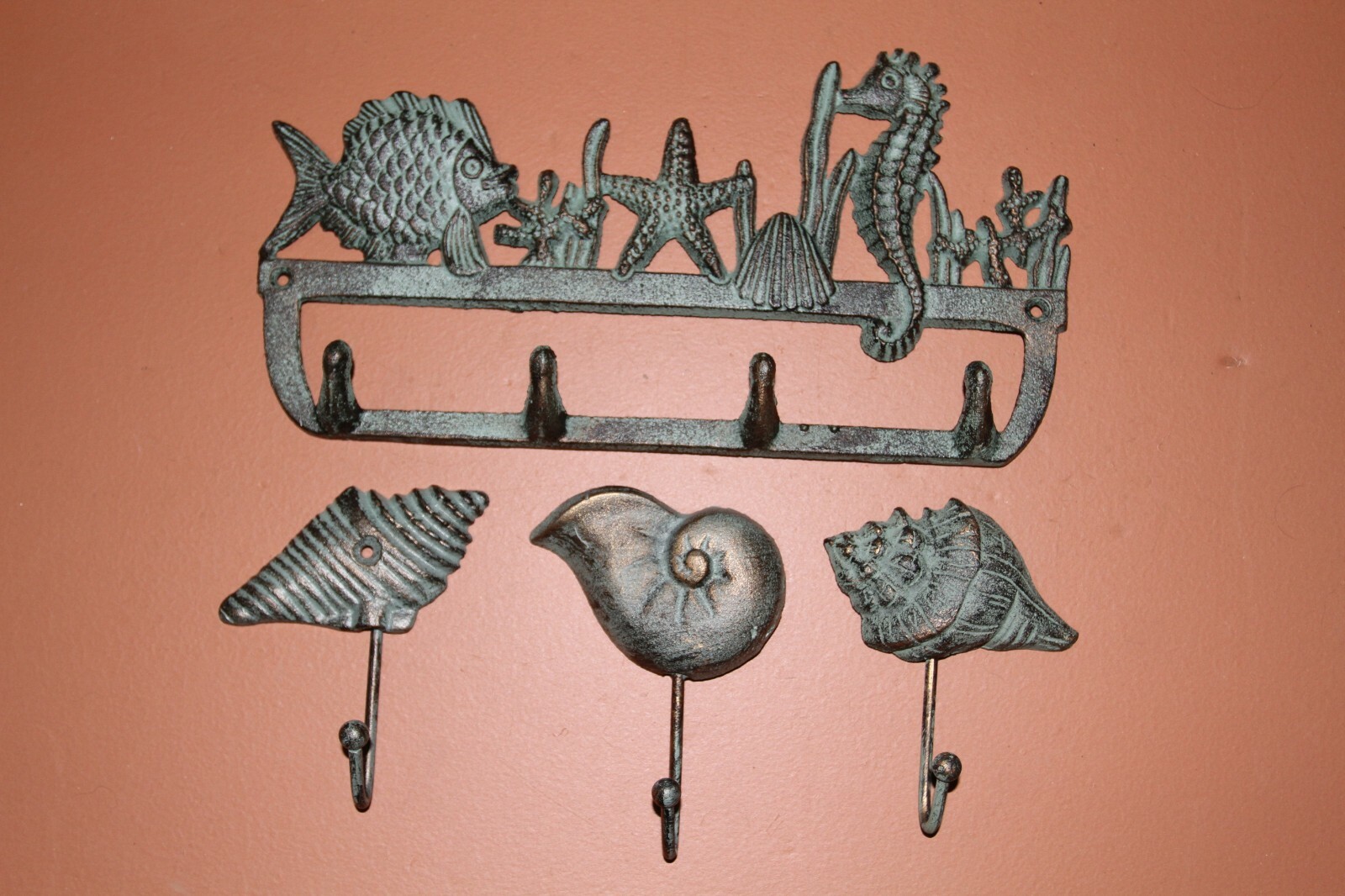 Bronze Look Ocean Theme Wall Hooks, Cast Iron, Nautical Escape 4 pcs