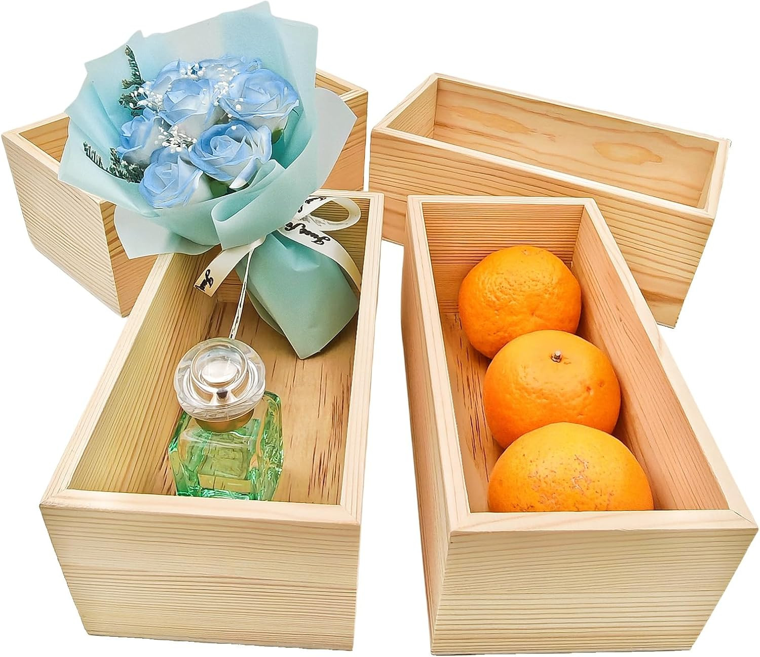 4 Pack Unfinished Wooden Craft Storage Organiser Boxes, 8 X 4 X 3 Inch Rectangle